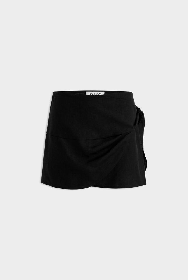 Linen Tie Mini Skirt - Black