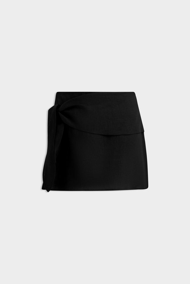 Linen Tie Mini Skirt - Black