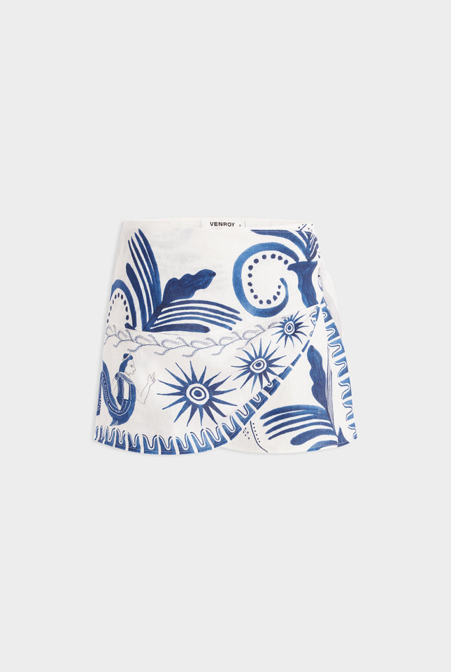 Linen Tie Mini Skirt - Off White/Blue Ceramic Scene