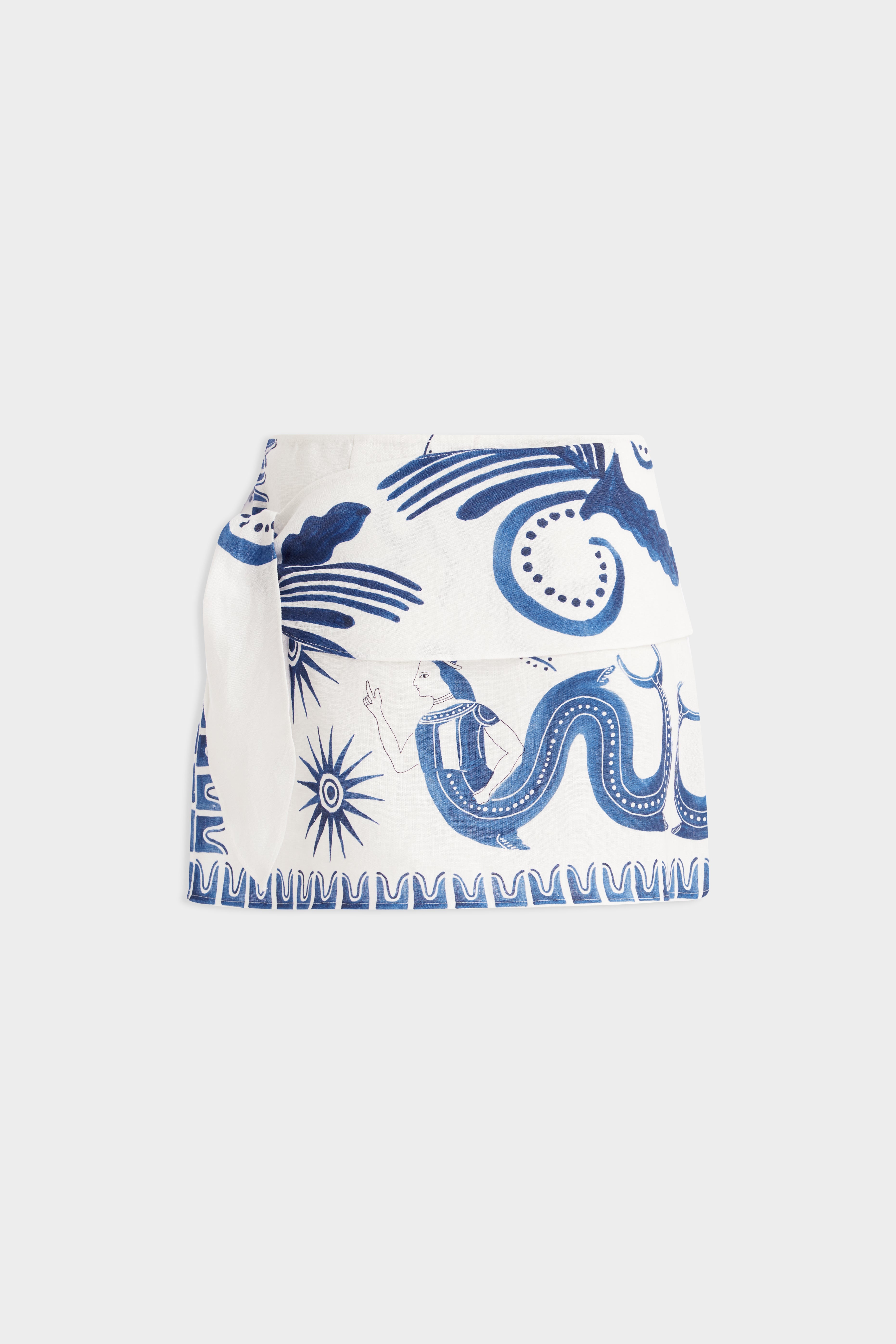 Linen Tie Mini Skirt - Off White/Blue Ceramic Scene