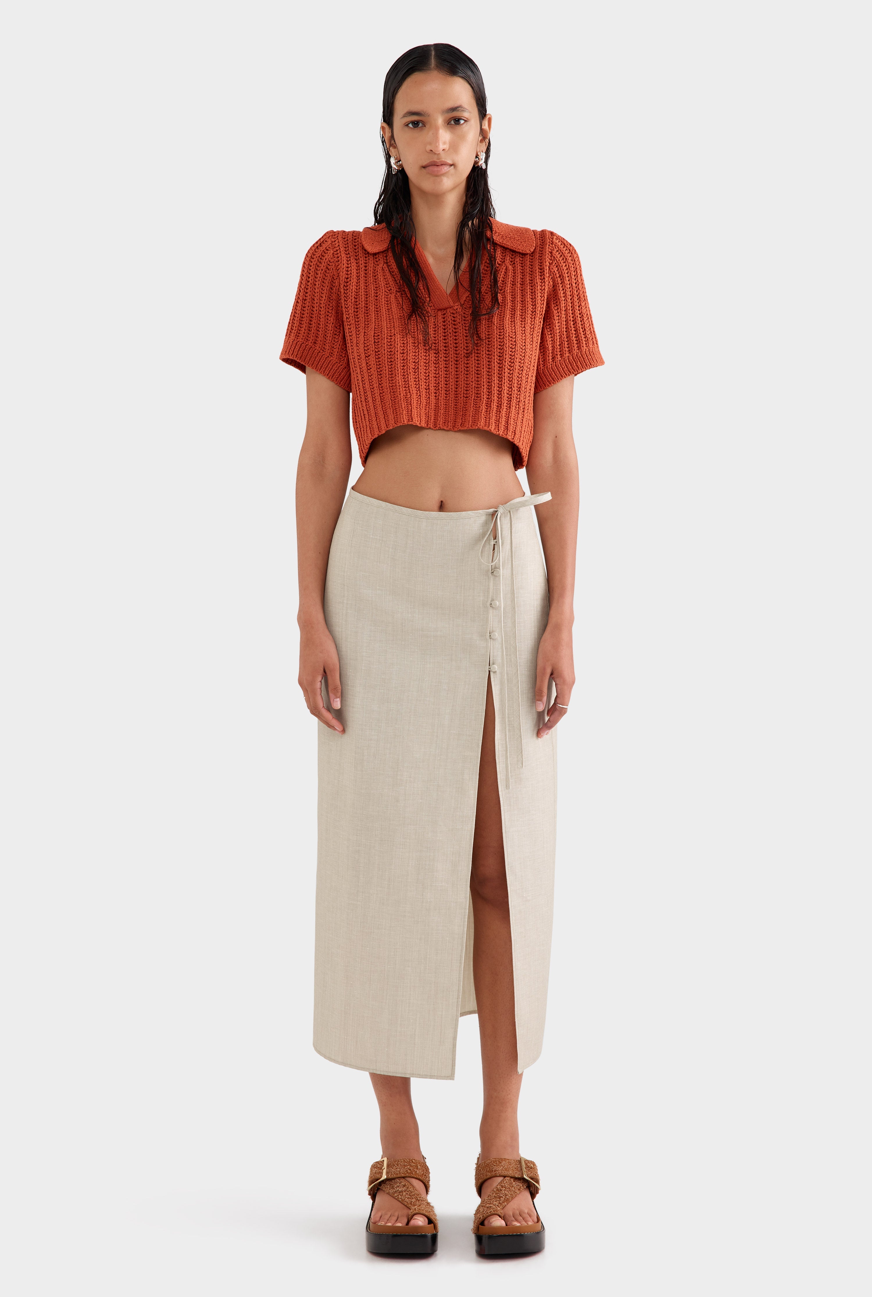 Linen Wool Split Skirt - Sage Marl