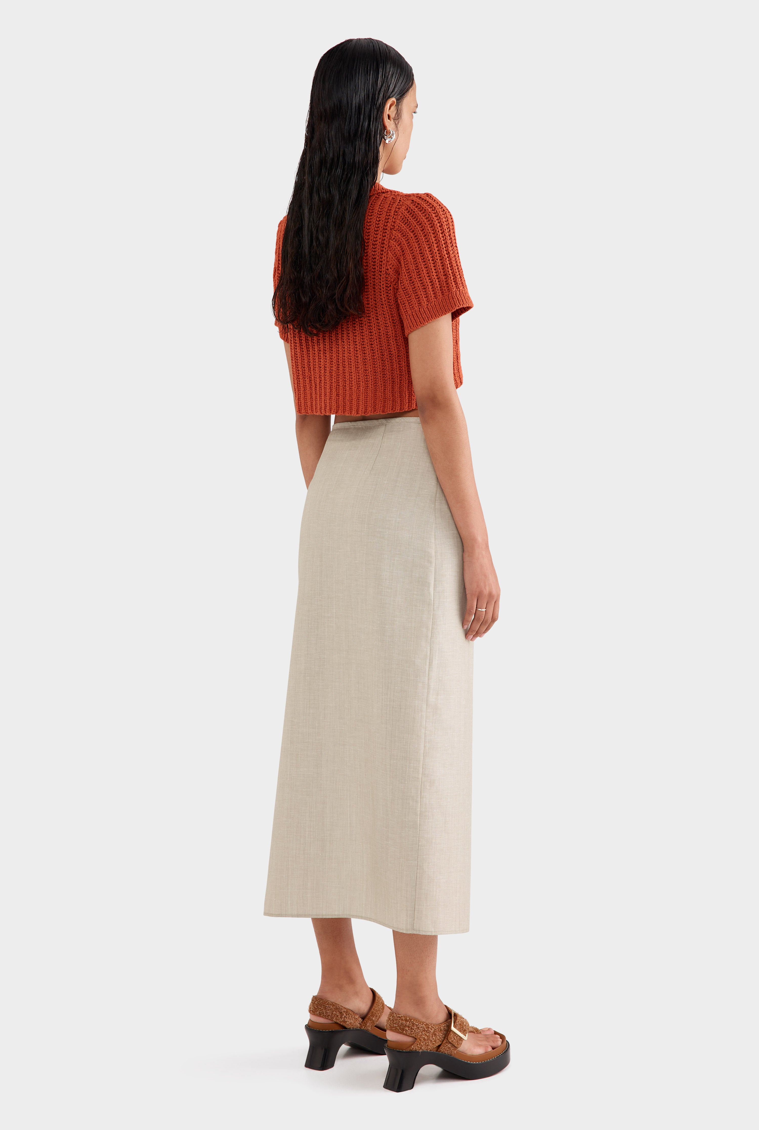 Linen Wool Split Skirt - Sage Marl