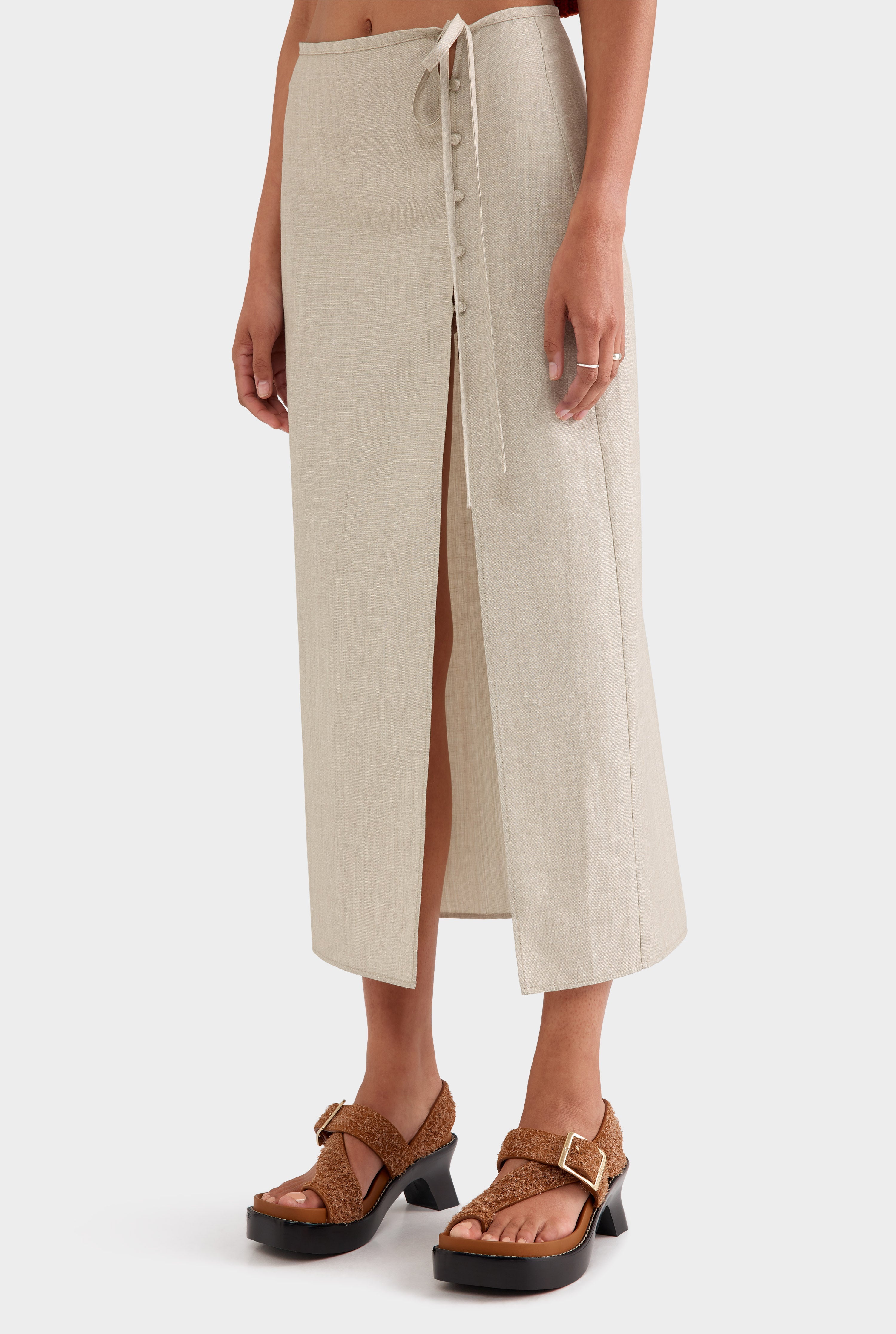 Linen Wool Split Skirt - Sage Marl