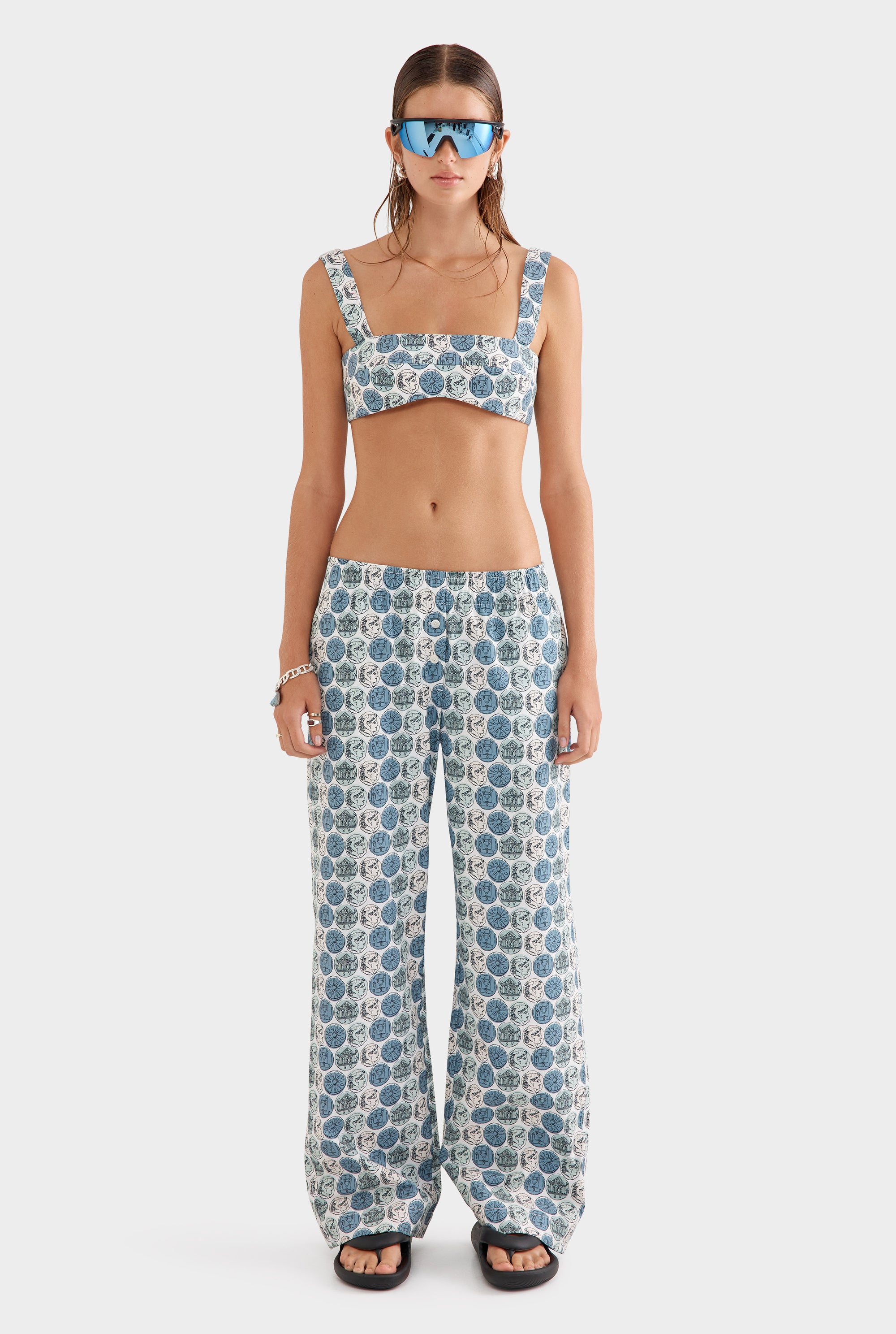 Printed Cotton Poplin Crop - Aqua Gray Grecian Coins