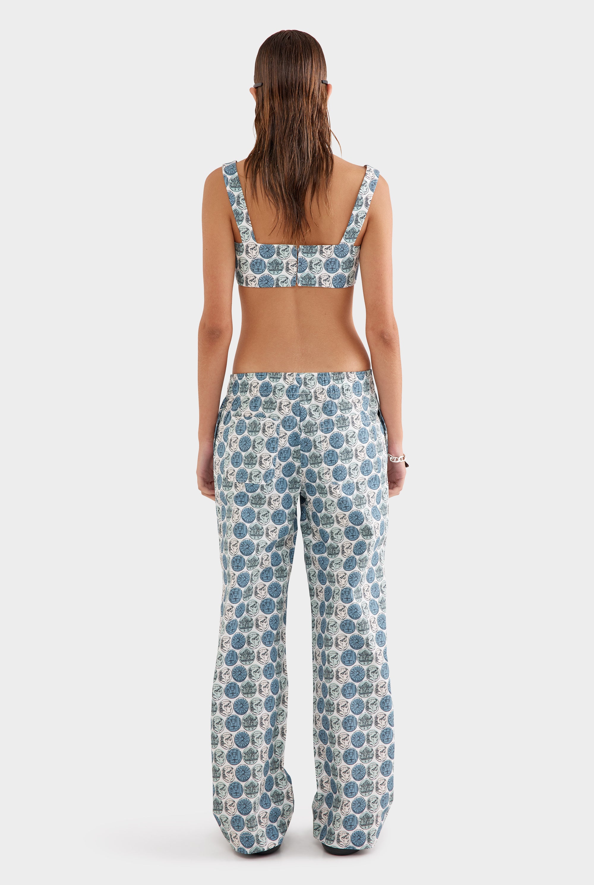 Printed Cotton Poplin Crop - Aqua Gray Grecian Coins