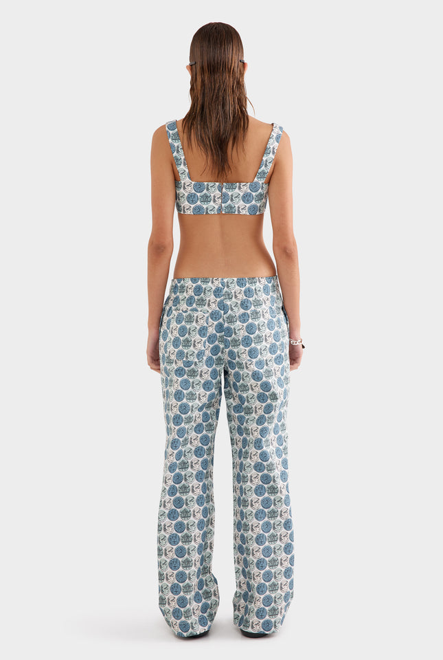 Printed Cotton Poplin Pant - Aqua Gray Grecian Coins