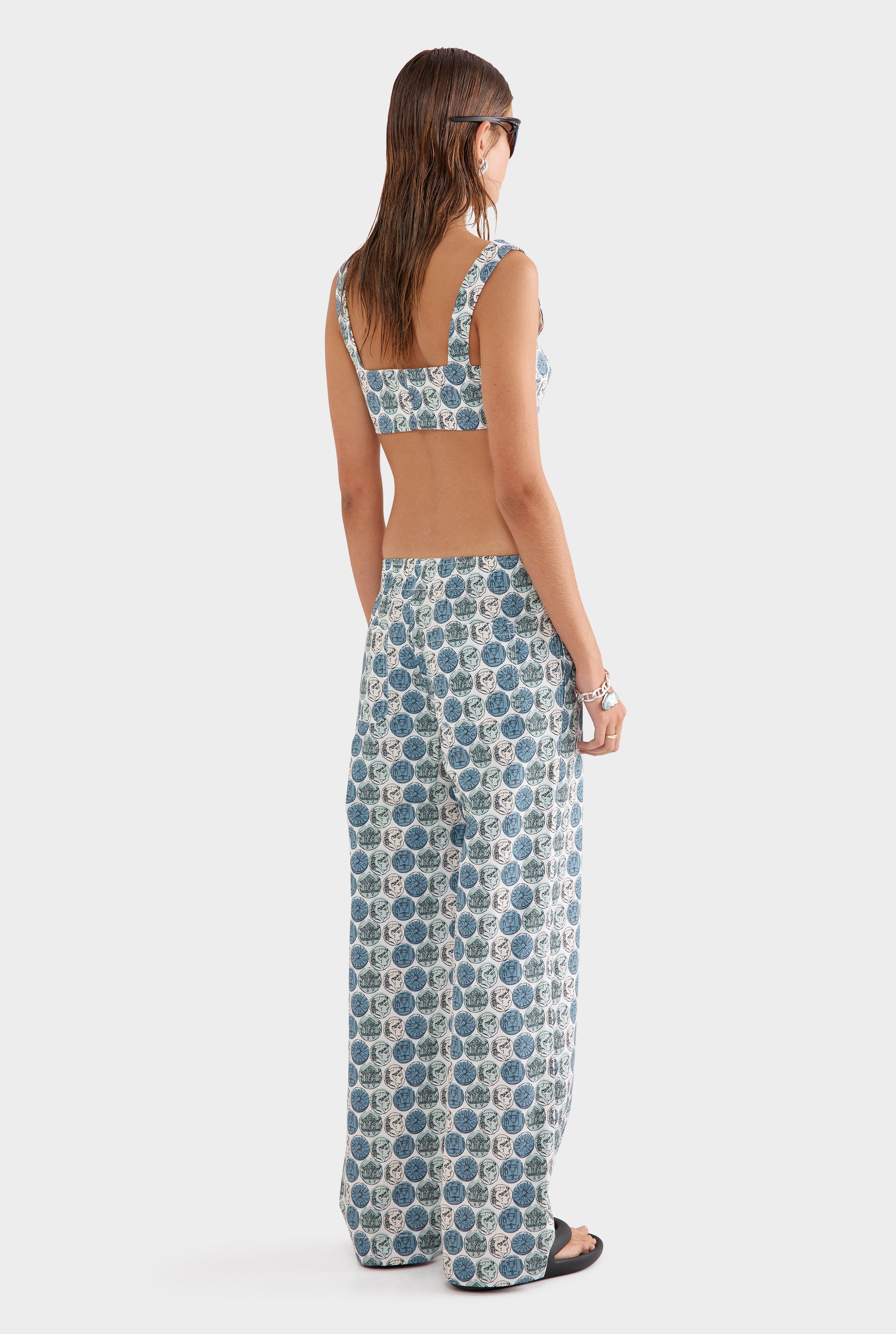 Printed Cotton Poplin Pant - Aqua Gray Grecian Coins