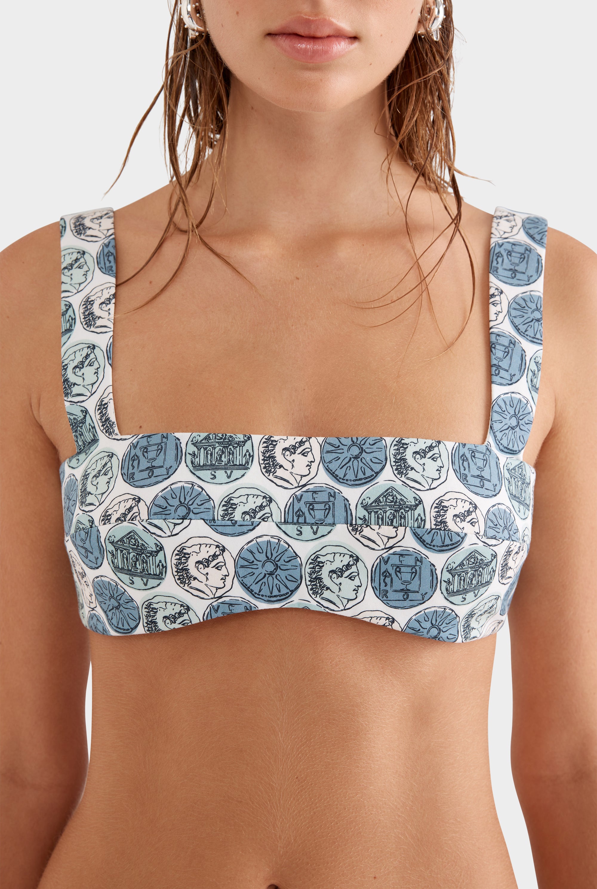 Printed Cotton Poplin Crop - Aqua Gray Grecian Coins