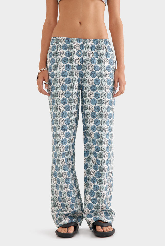 Printed Cotton Poplin Pant - Aqua Gray Grecian Coins