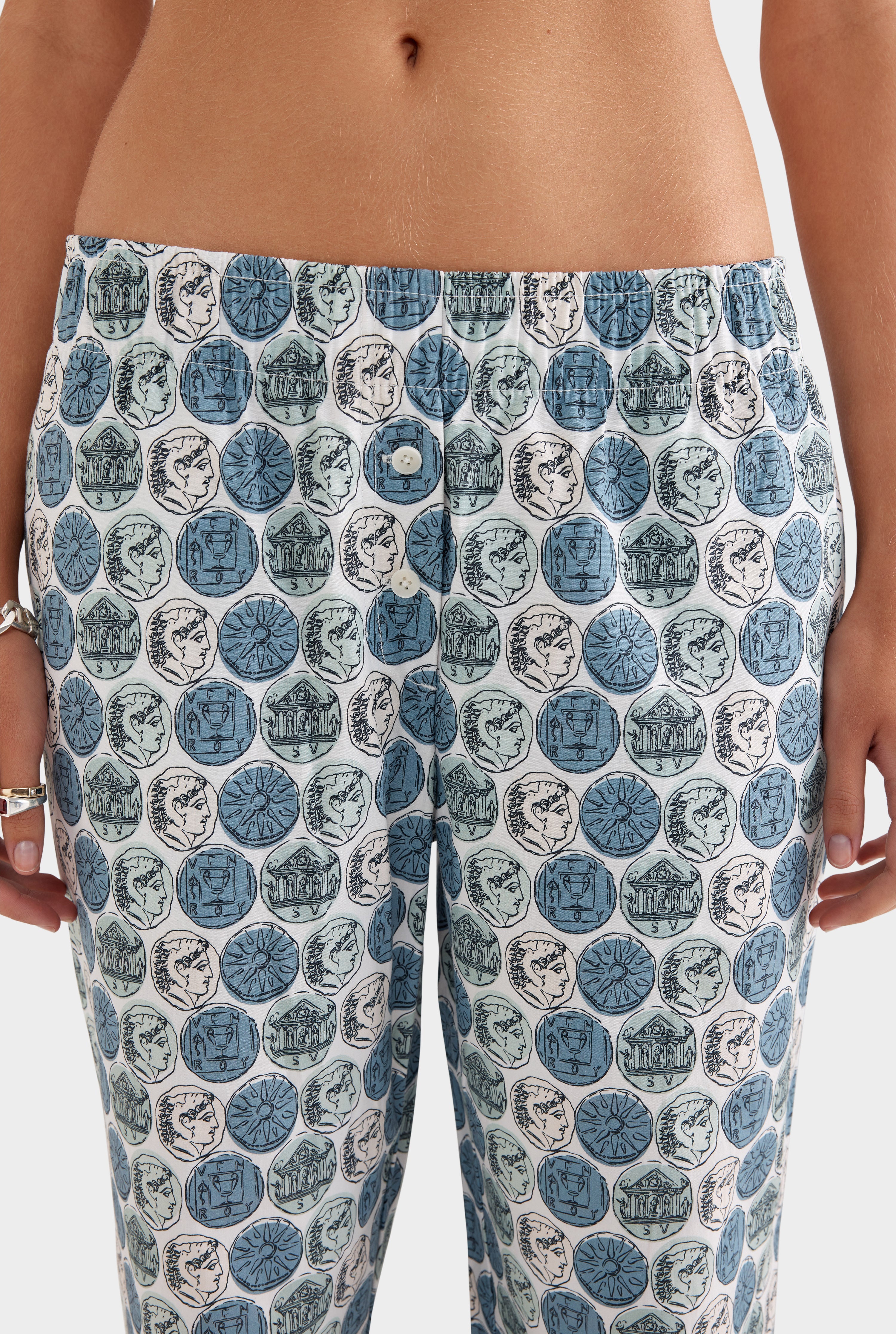 Printed Cotton Poplin Pant - Aqua Gray Grecian Coins