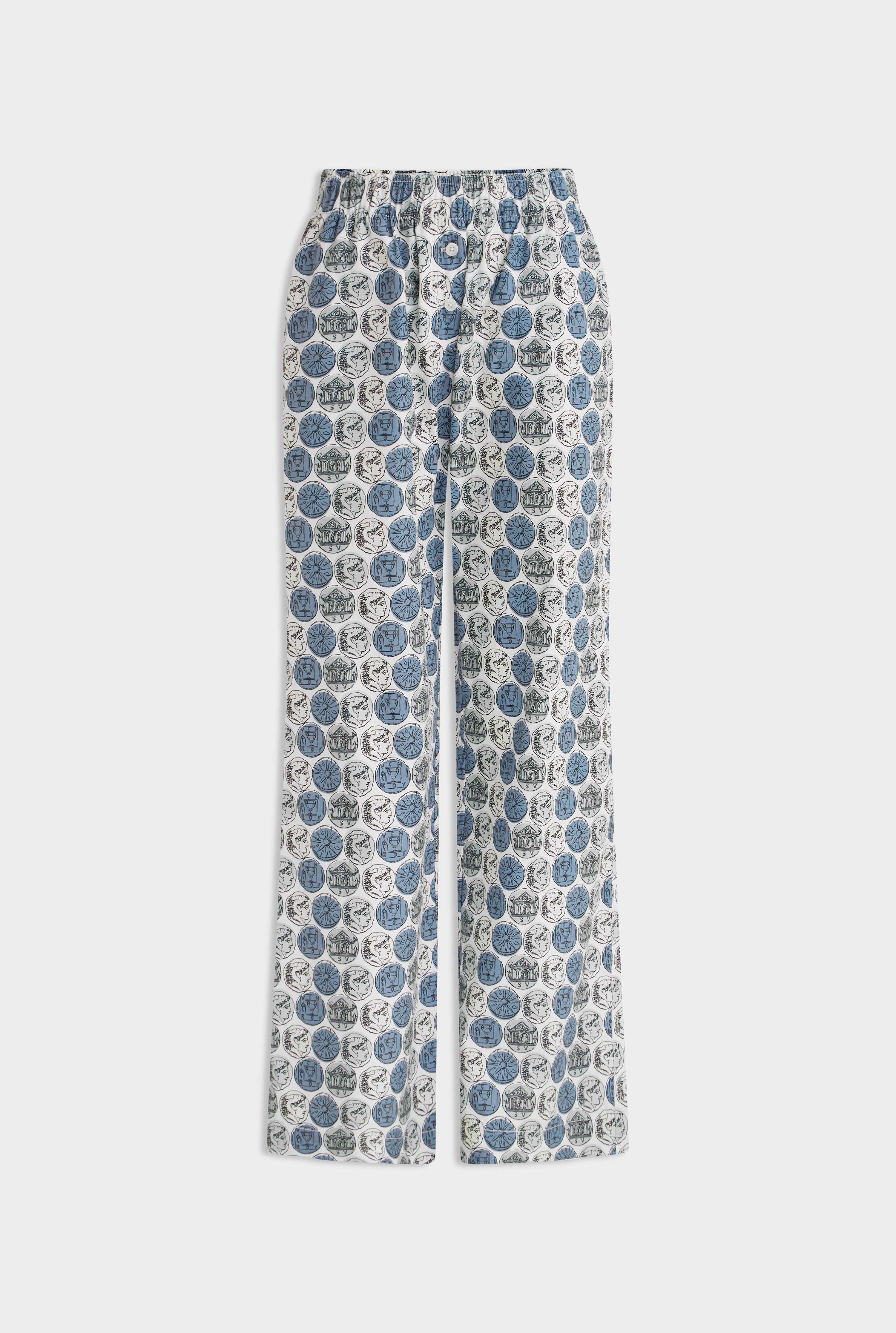 Printed Cotton Poplin Pant - Aqua Gray Grecian Coins