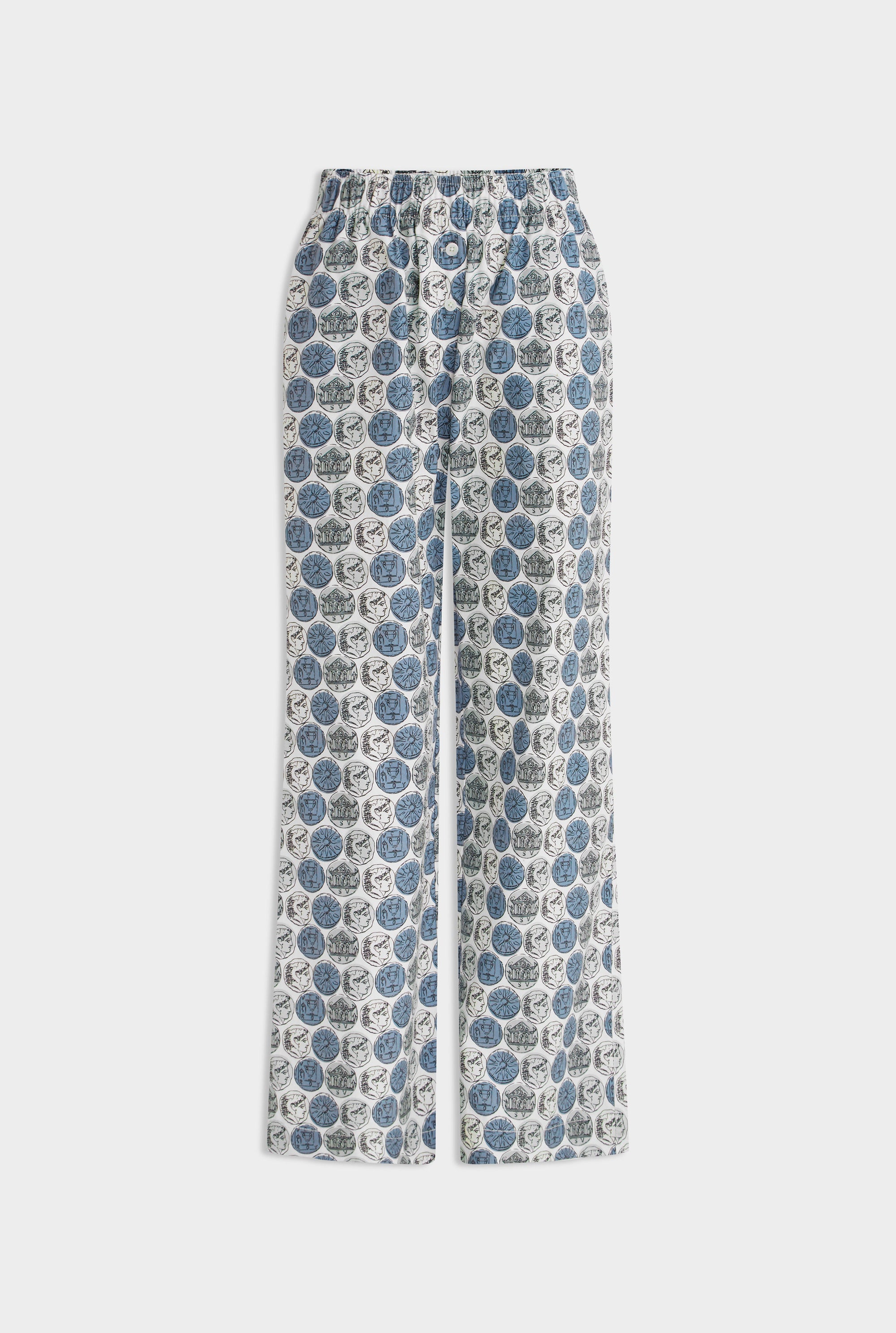 Printed Cotton Poplin Pant - Aqua Gray Grecian Coins