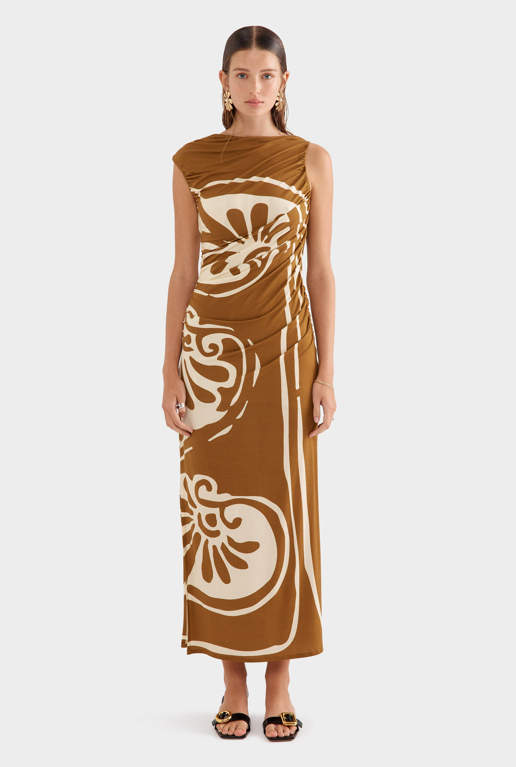 Printed Ruched Jersey Dress - Olive Tree