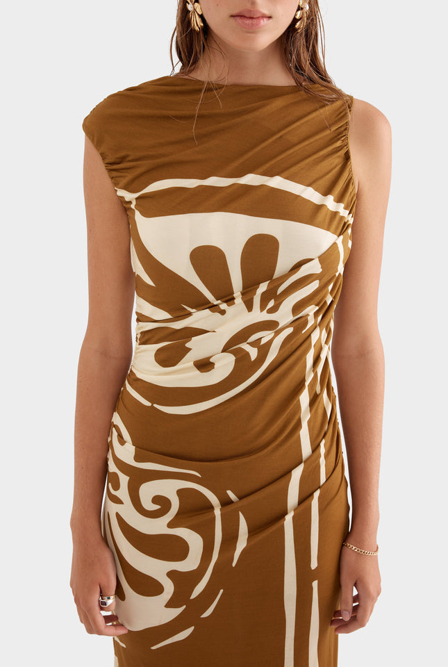 Printed Ruched Jersey Dress - Olive Tree