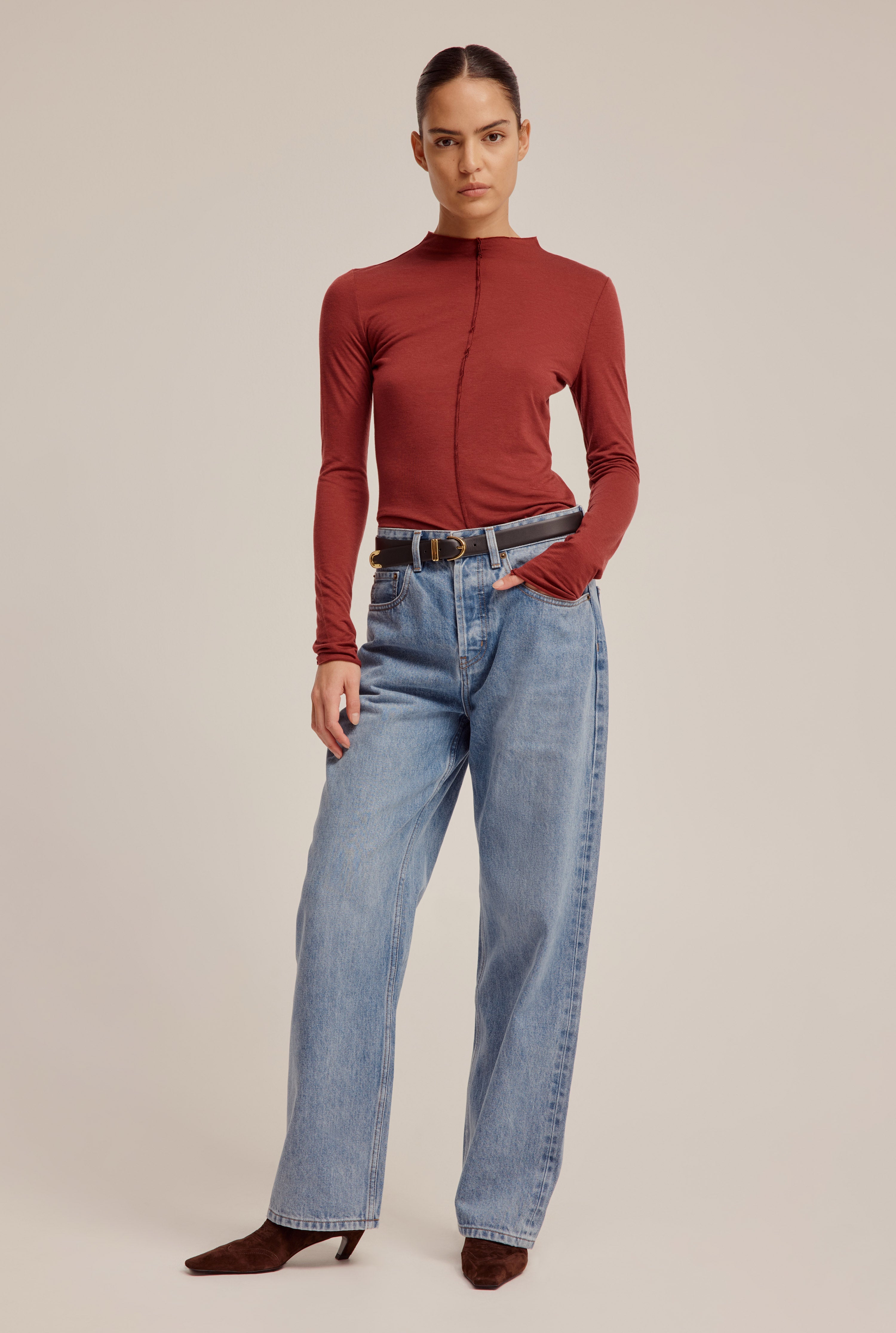 Raw Cut Long Sleeve Top - Red Mahogany