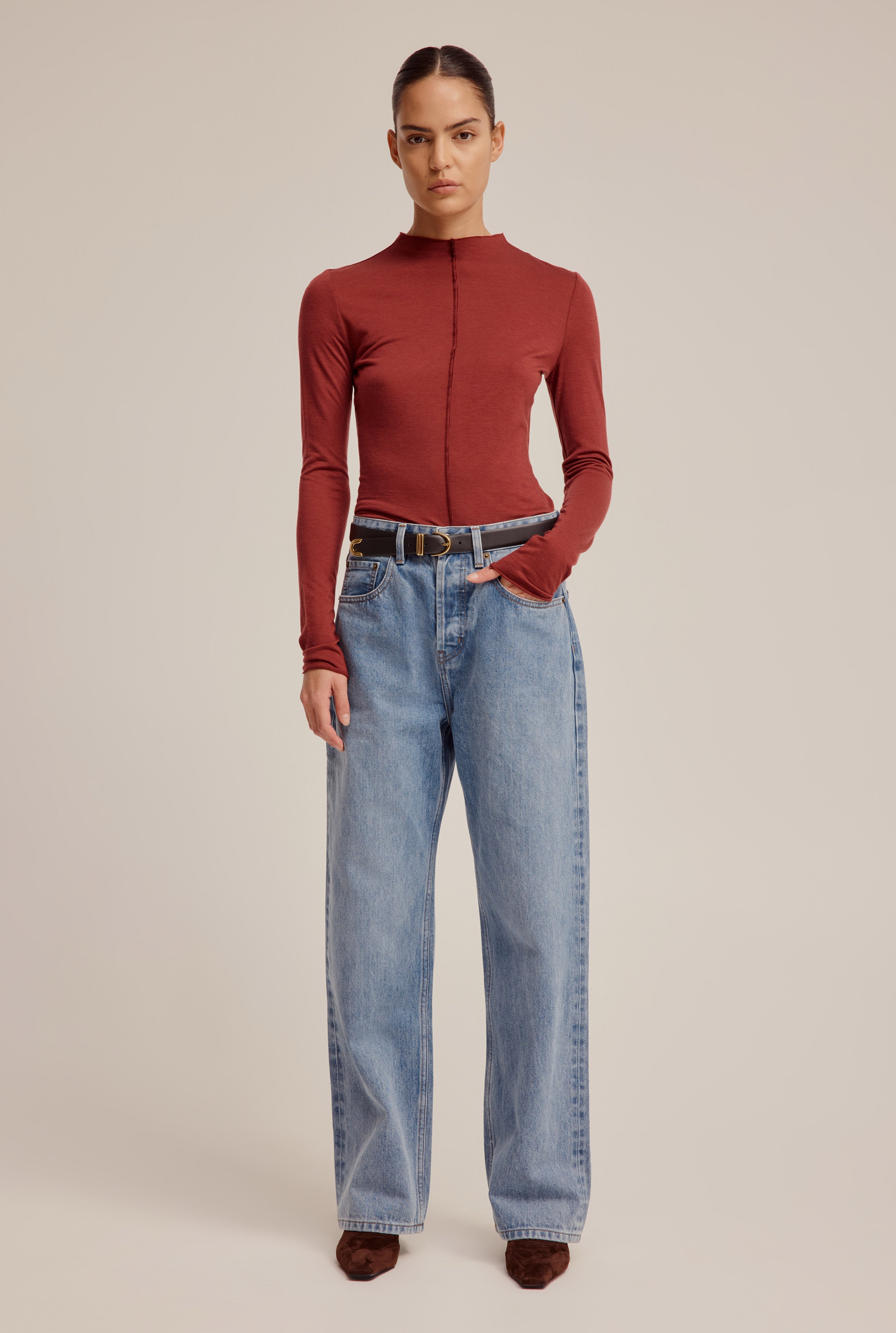 Raw Cut Long Sleeve Top - Red Mahogany