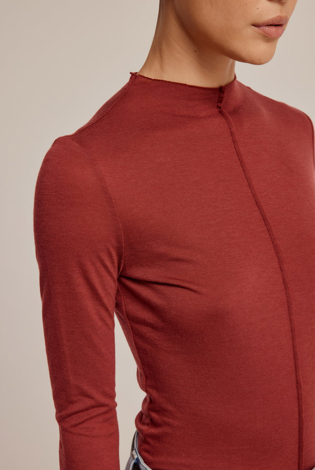 Raw Cut Long Sleeve Top - Red Mahogany