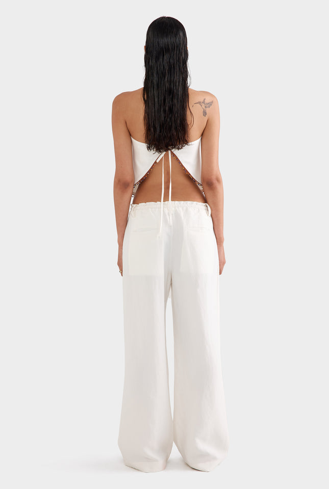 Silk Linen Relaxed Pleat Front Pant - Cream