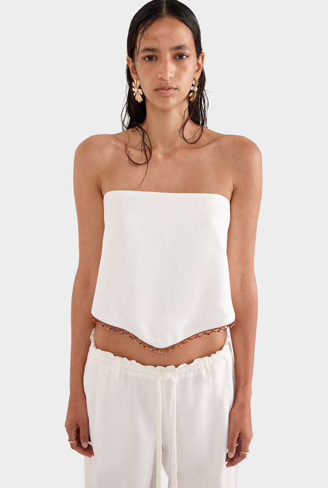 Silk Beaded Scarf Top - Cream