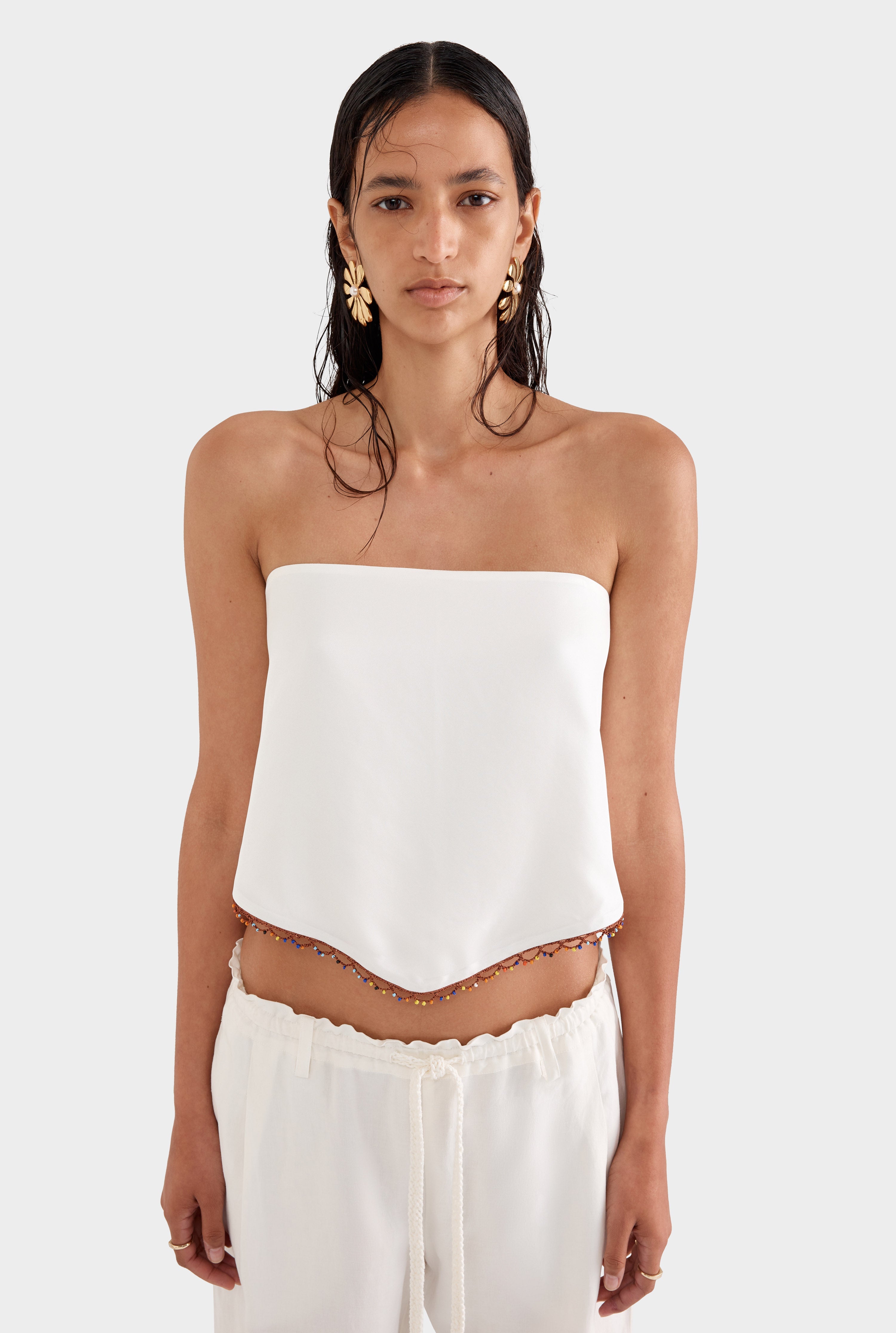 Silk Beaded Scarf Top - Cream