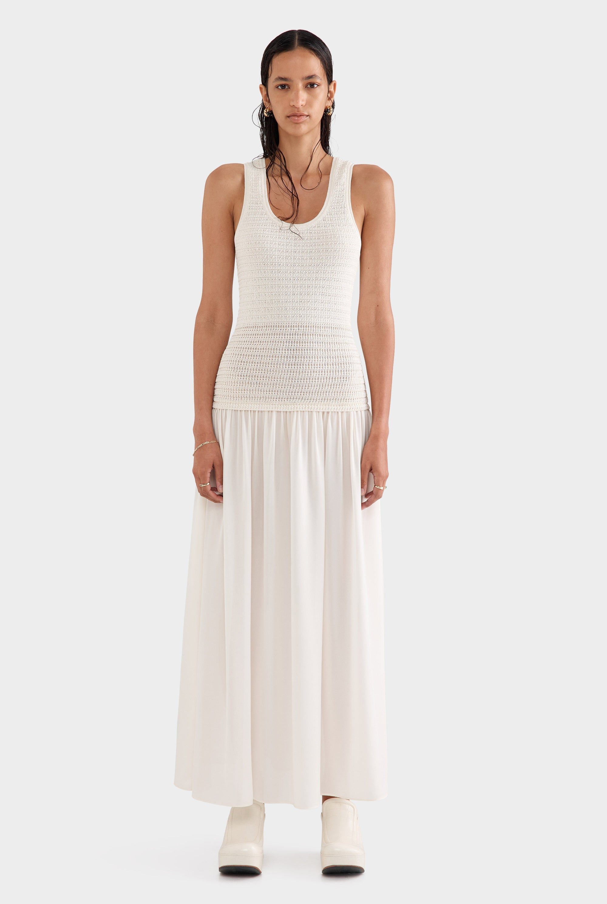 Silk Crochet Bodice Tank Dress - Cream