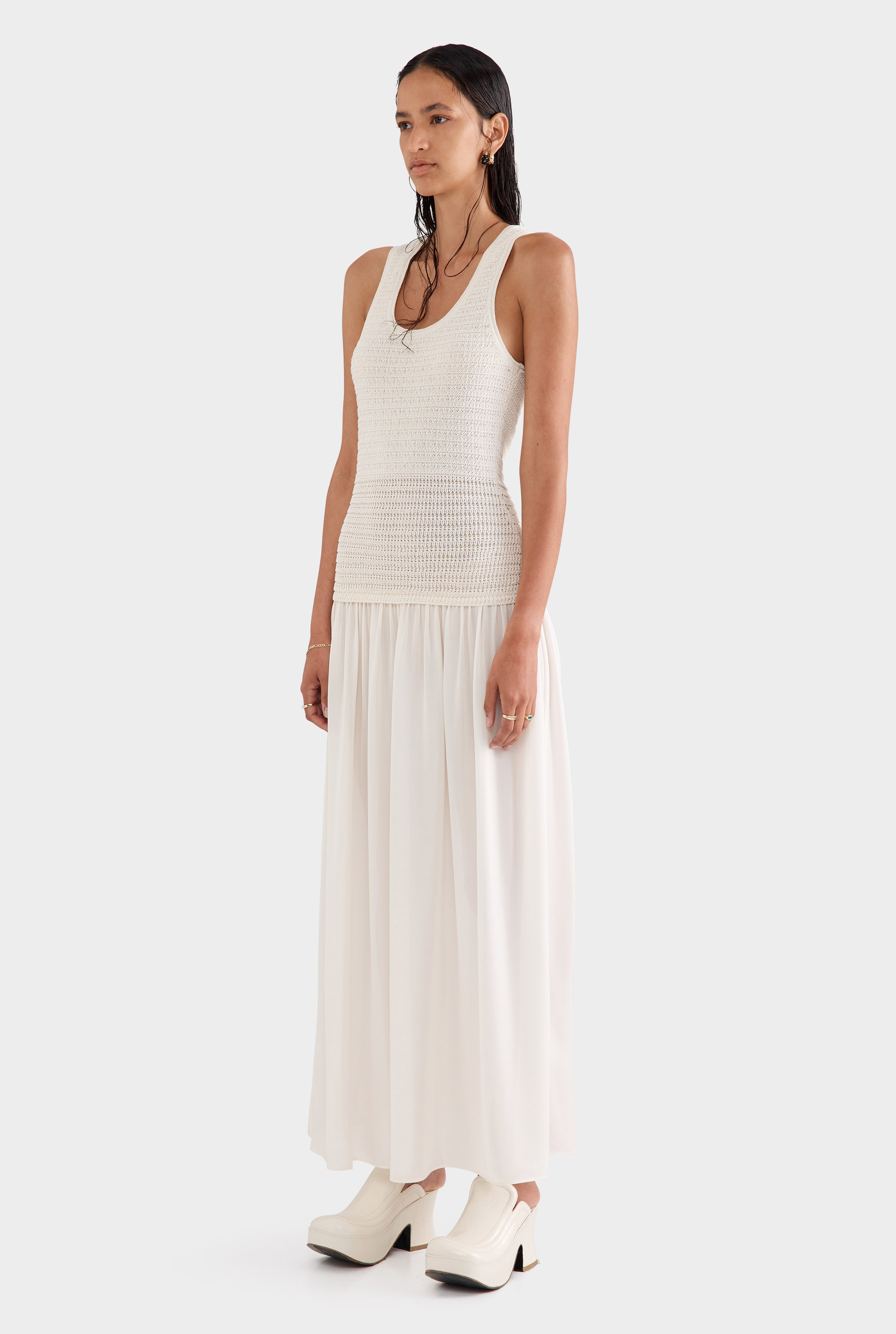 Silk Crochet Bodice Tank Dress - Cream