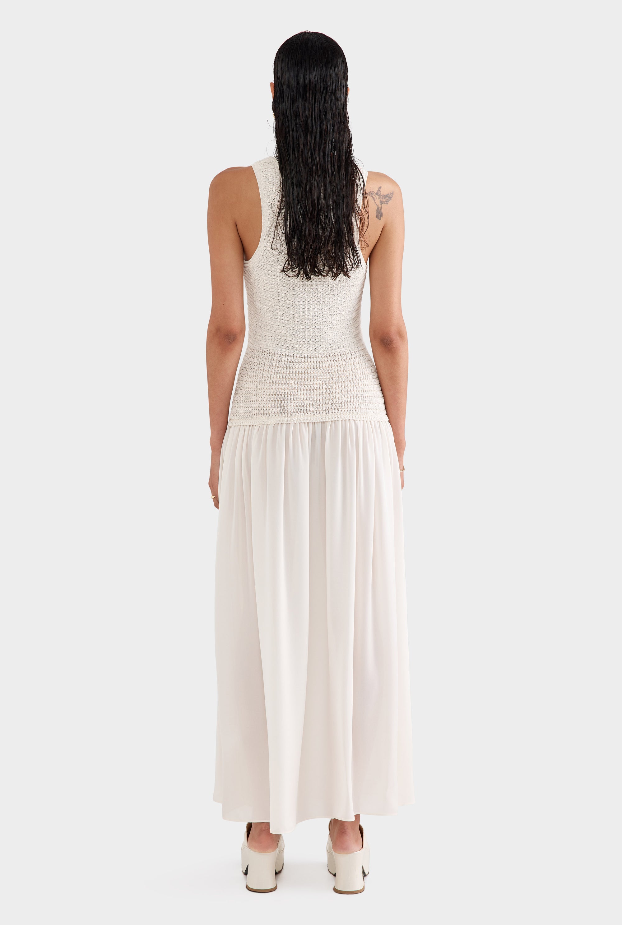 Silk Crochet Bodice Tank Dress - Cream