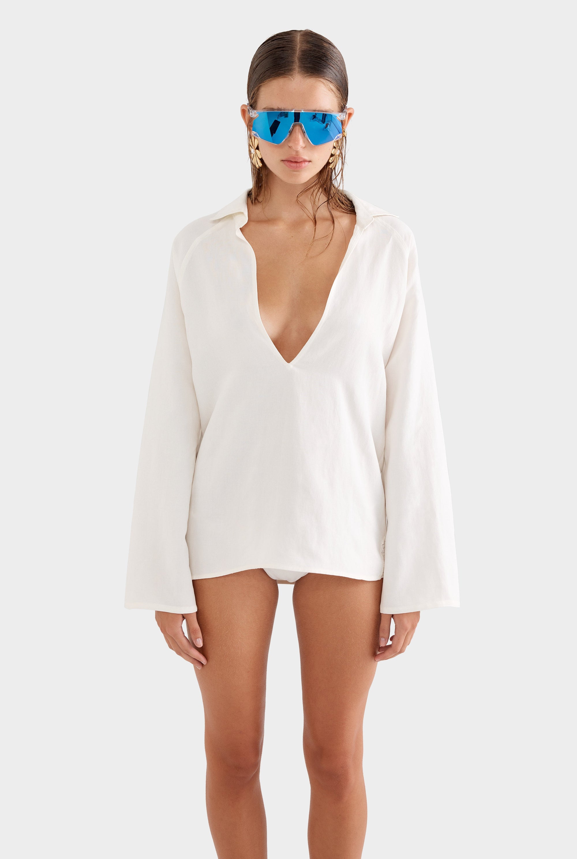 Silk Linen Plunge Shirt - Cream