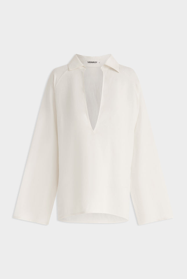 Silk Linen Plunge Shirt - Cream