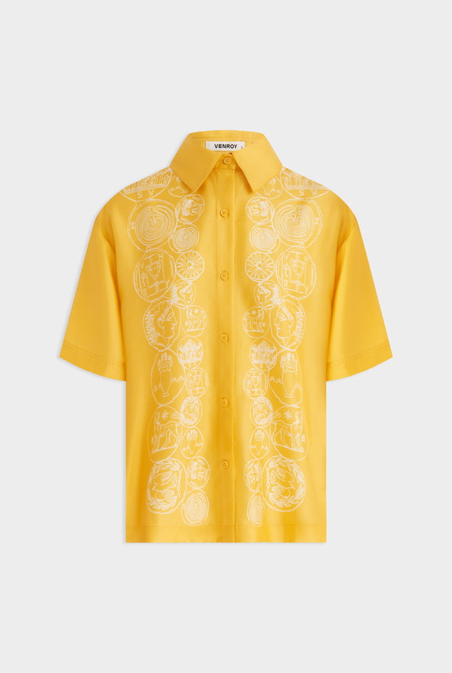 Silk Relaxed Short Sleeve Shirt - Golden Grecian Coins