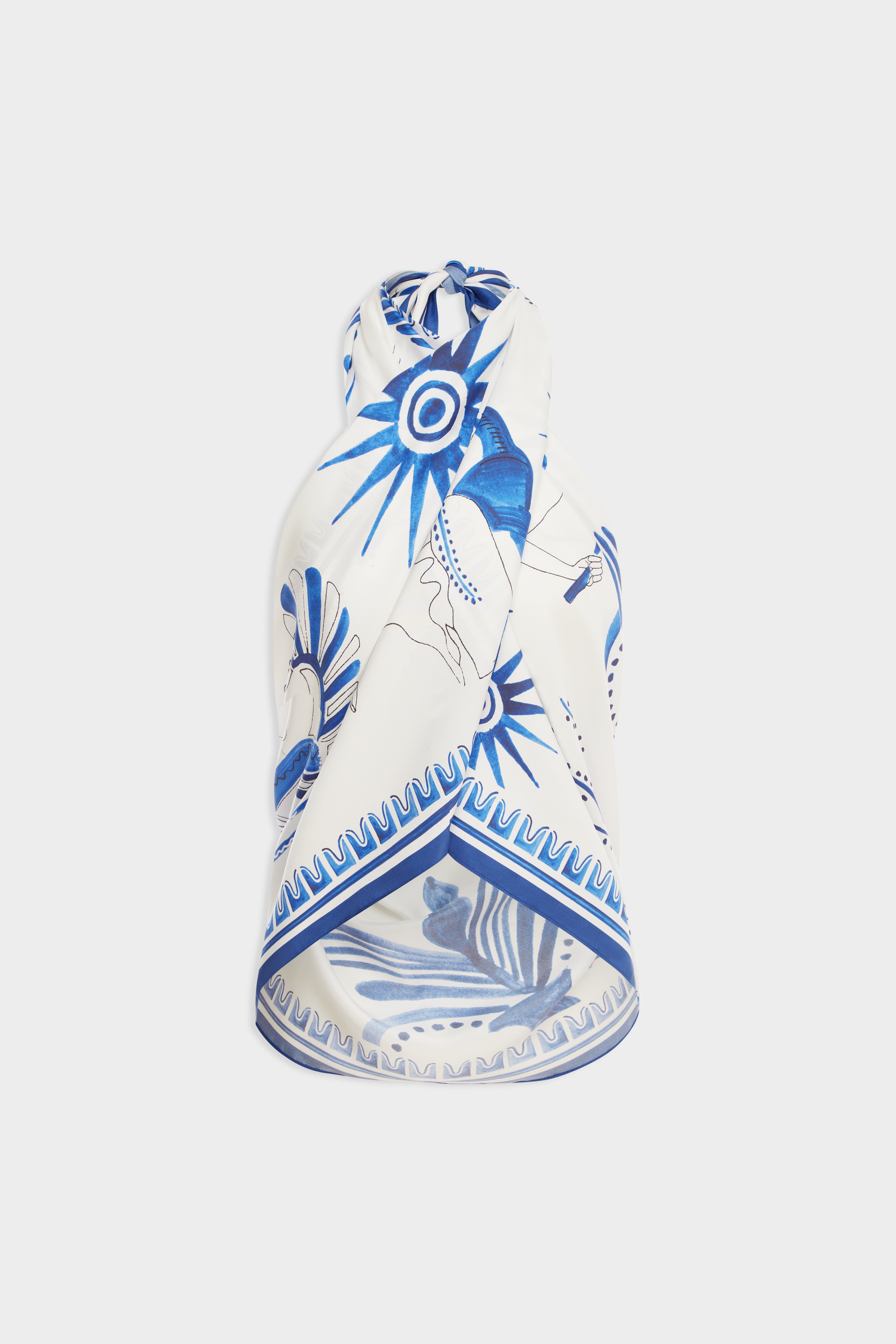 Silk Scarf - Off White/Blue Ceramic Scene