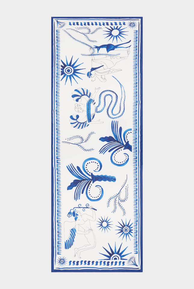 Silk Scarf - Off White/Blue Ceramic Scene