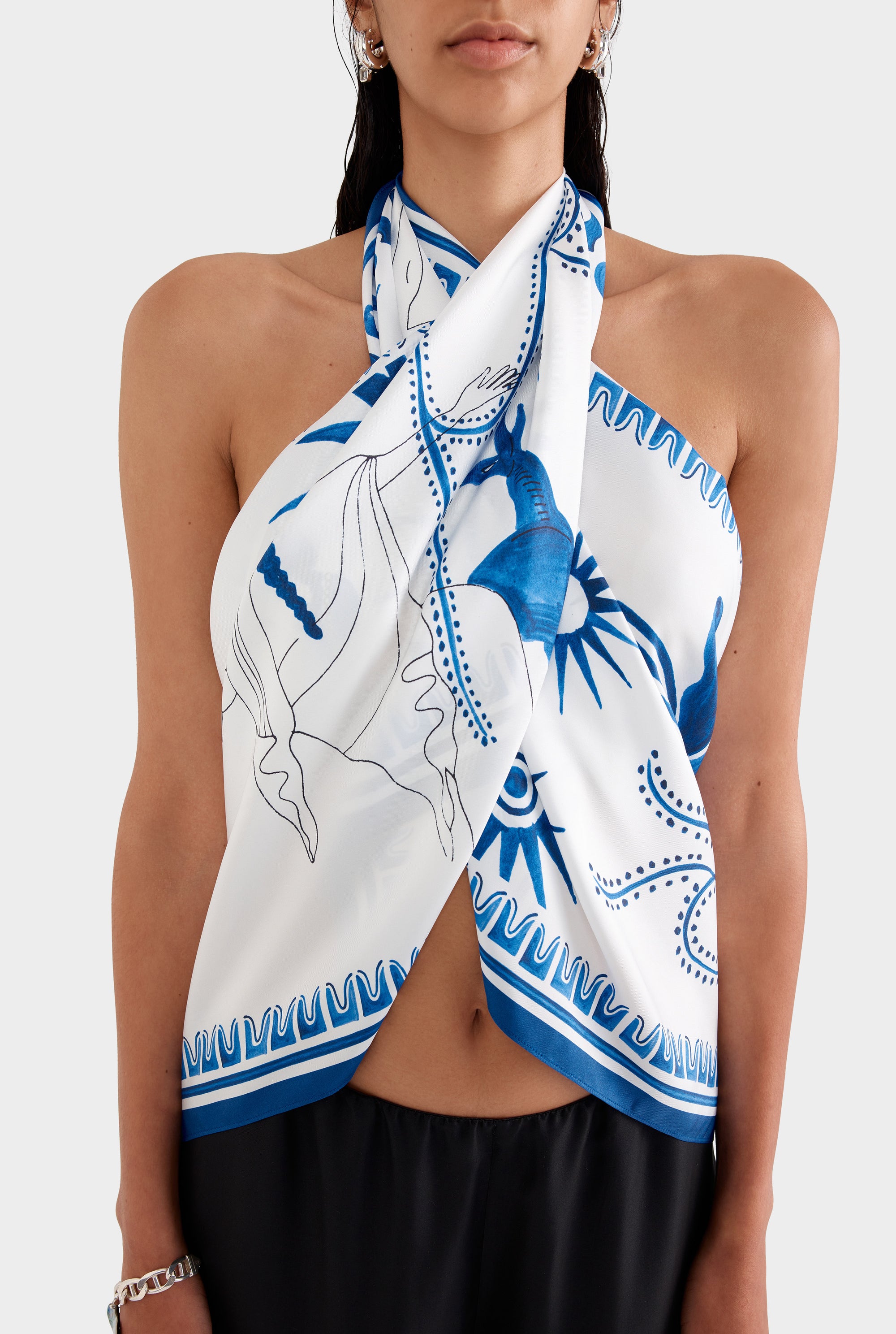 Silk Scarf - Off White/Blue Ceramic Scene