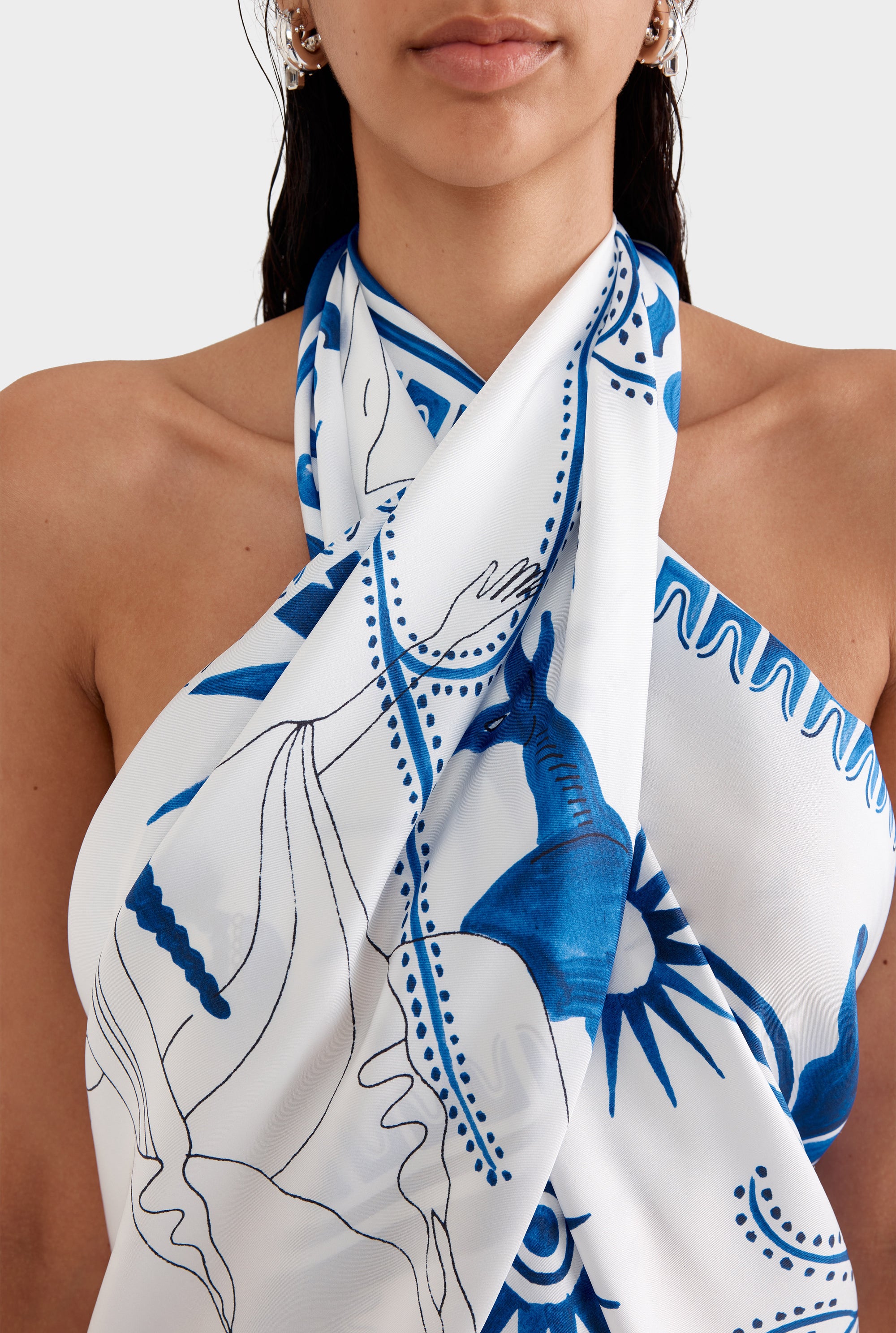 Silk Scarf - Off White/Blue Ceramic Scene