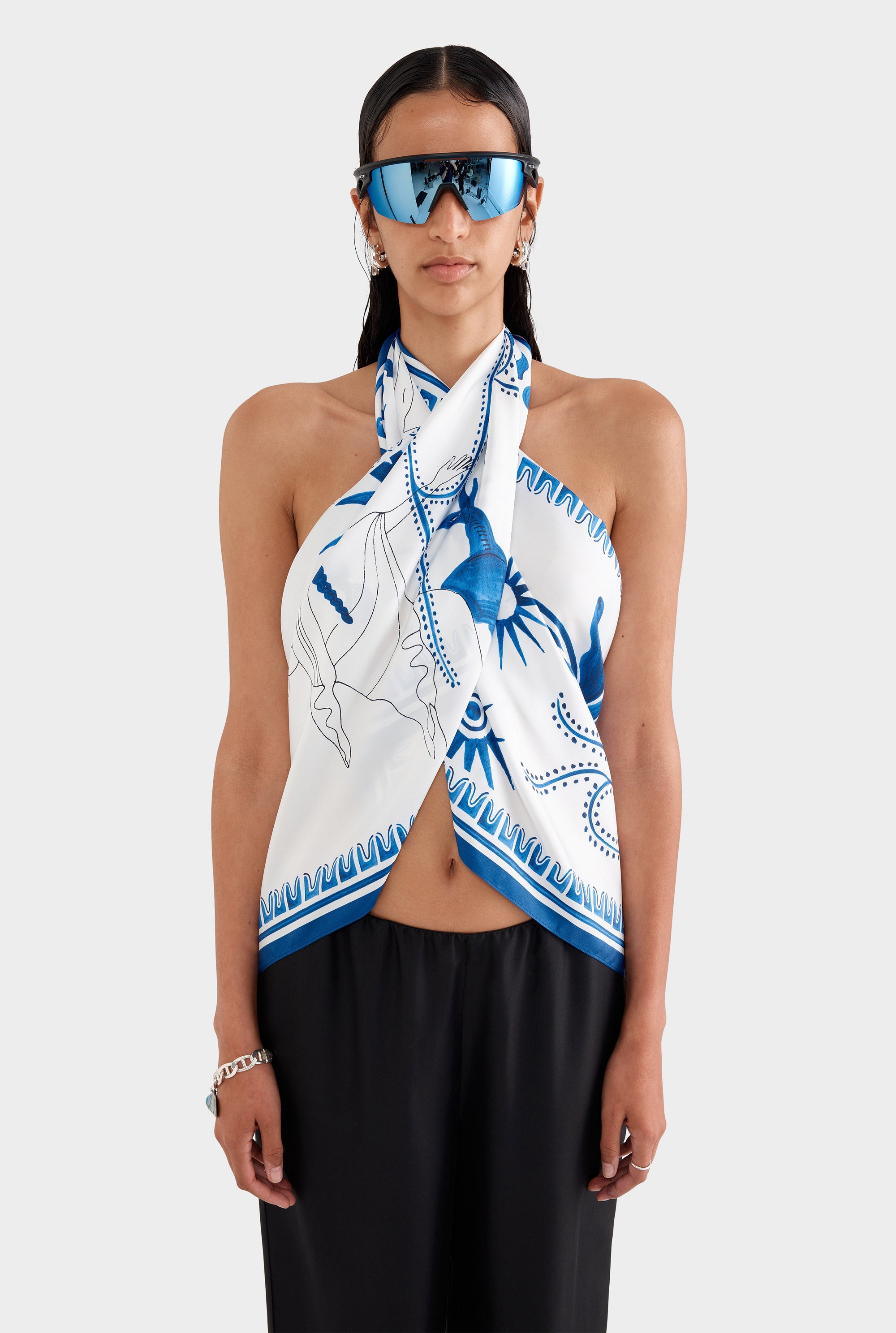 Silk Scarf - Off White/Blue Ceramic Scene