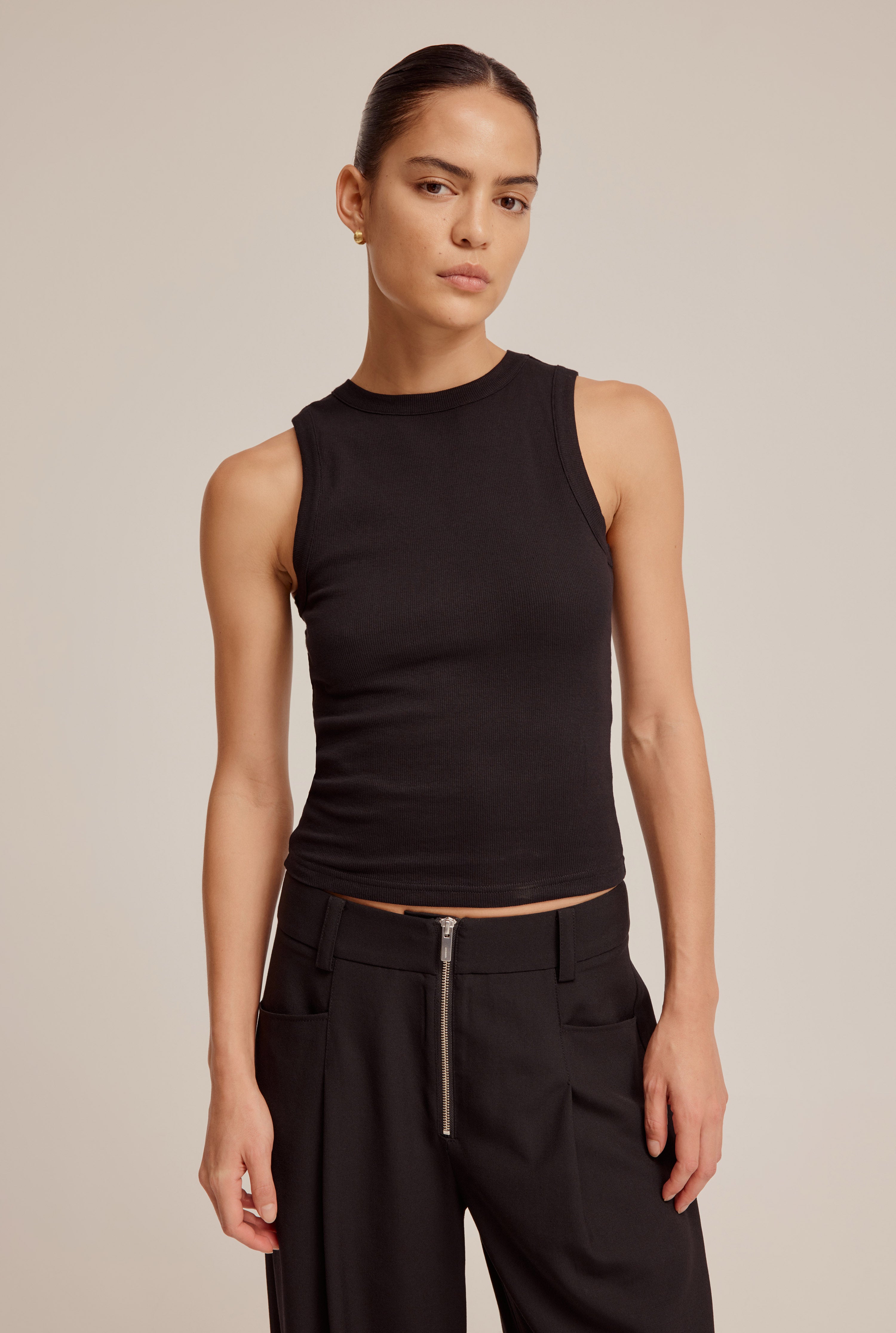 Crew Neck Jersey Rib Tank - Black