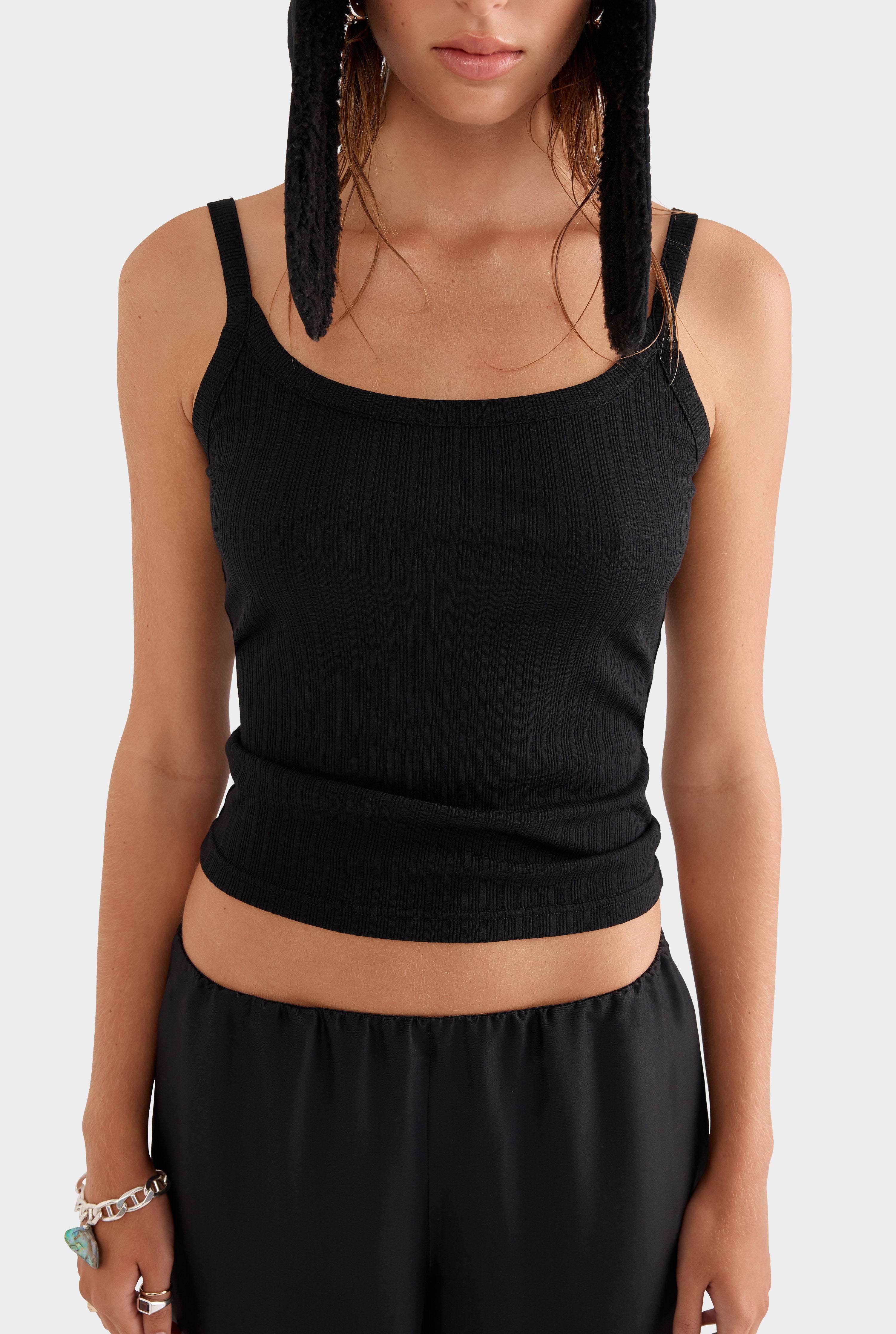 Thin Strap Rib Tank - Black