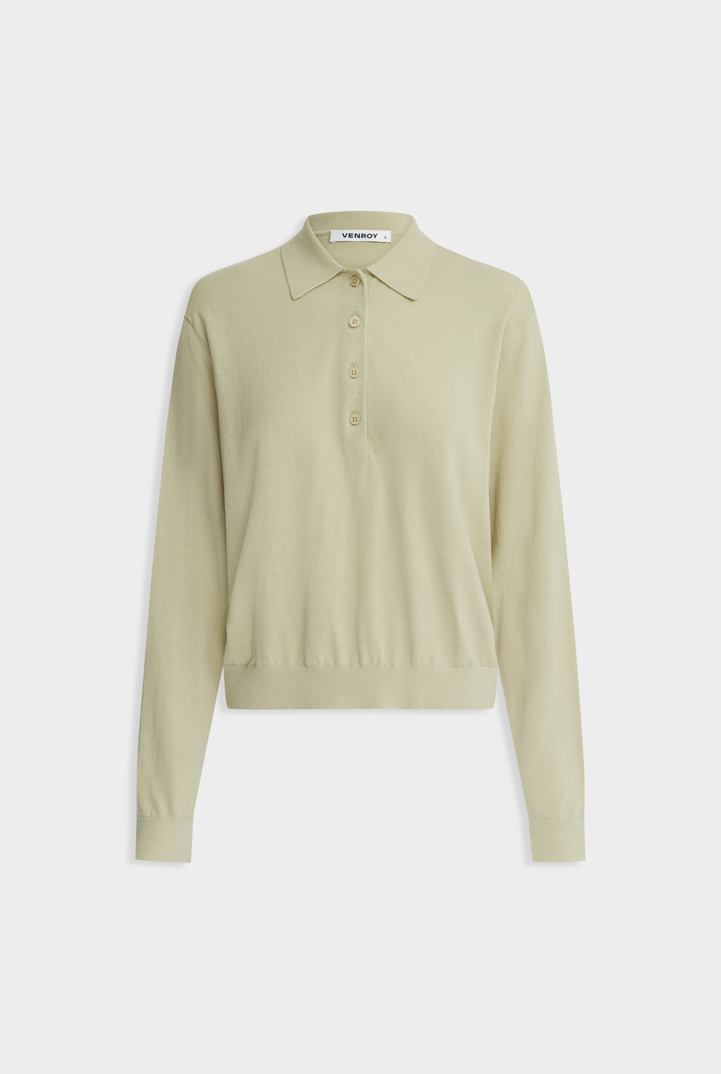 Relaxed Long Sleeve Cotton Knit Polo -  Pale Straw