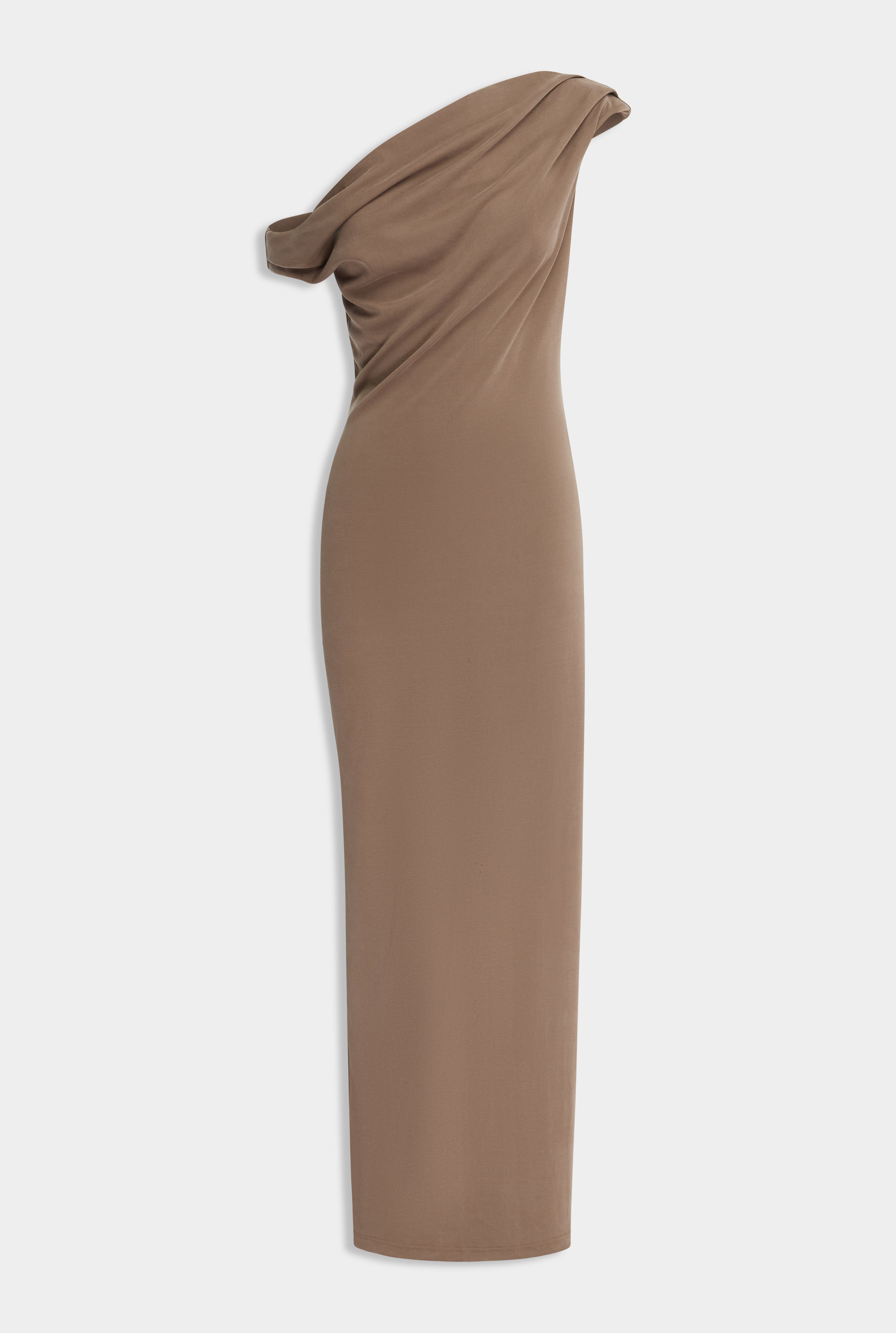 Asymmetrical Draped Jersey Dress -  Chestnut