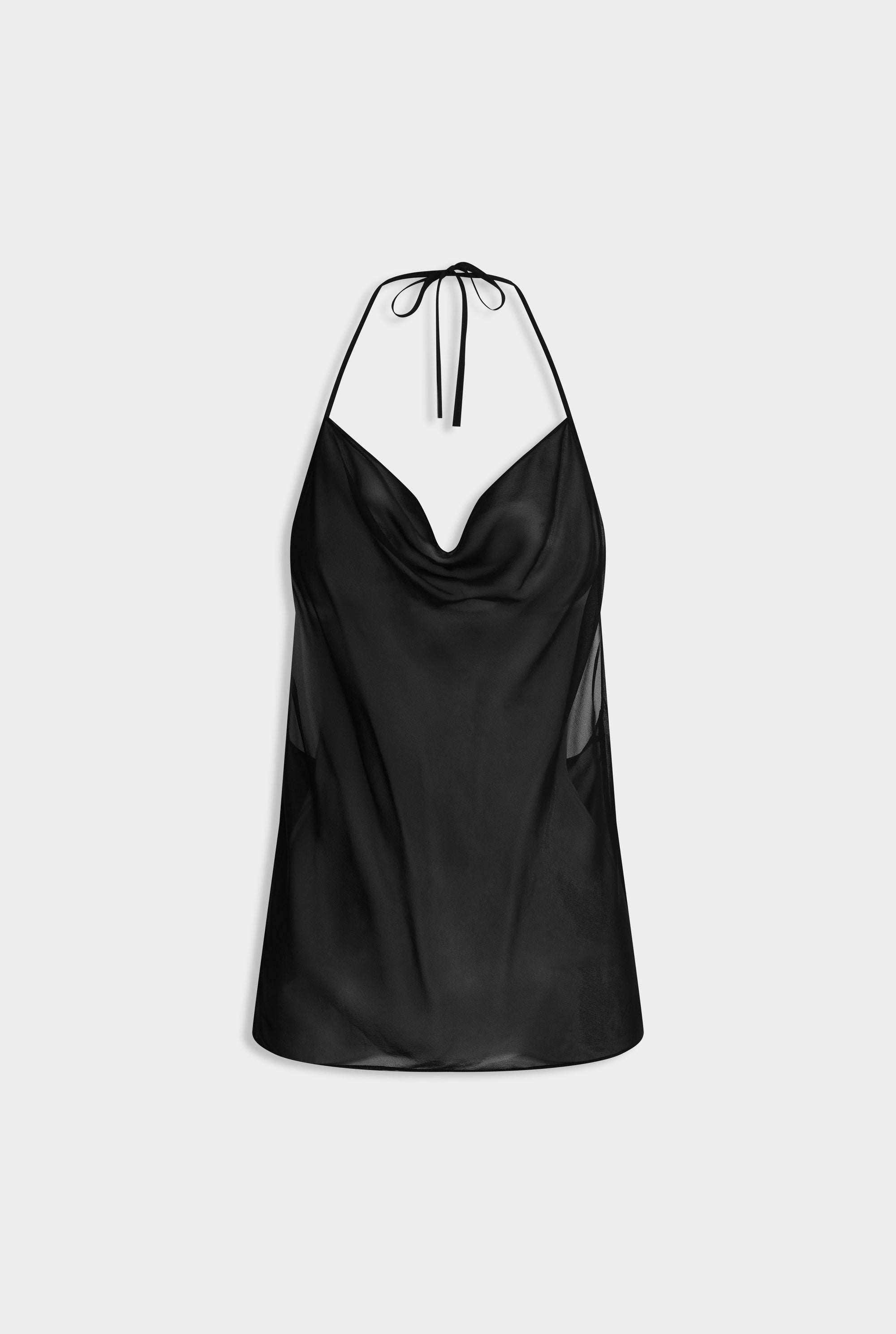 Sheer Silk Cowl Neck Halter Top -  Black