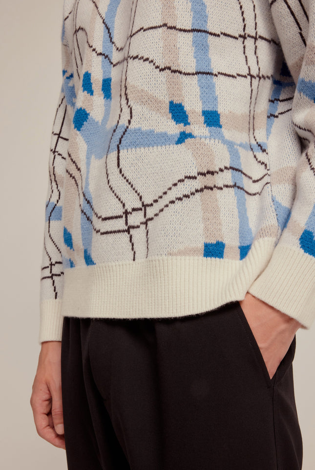 Wool Warped Check Intarsia Sweater - Off White/Blue Check