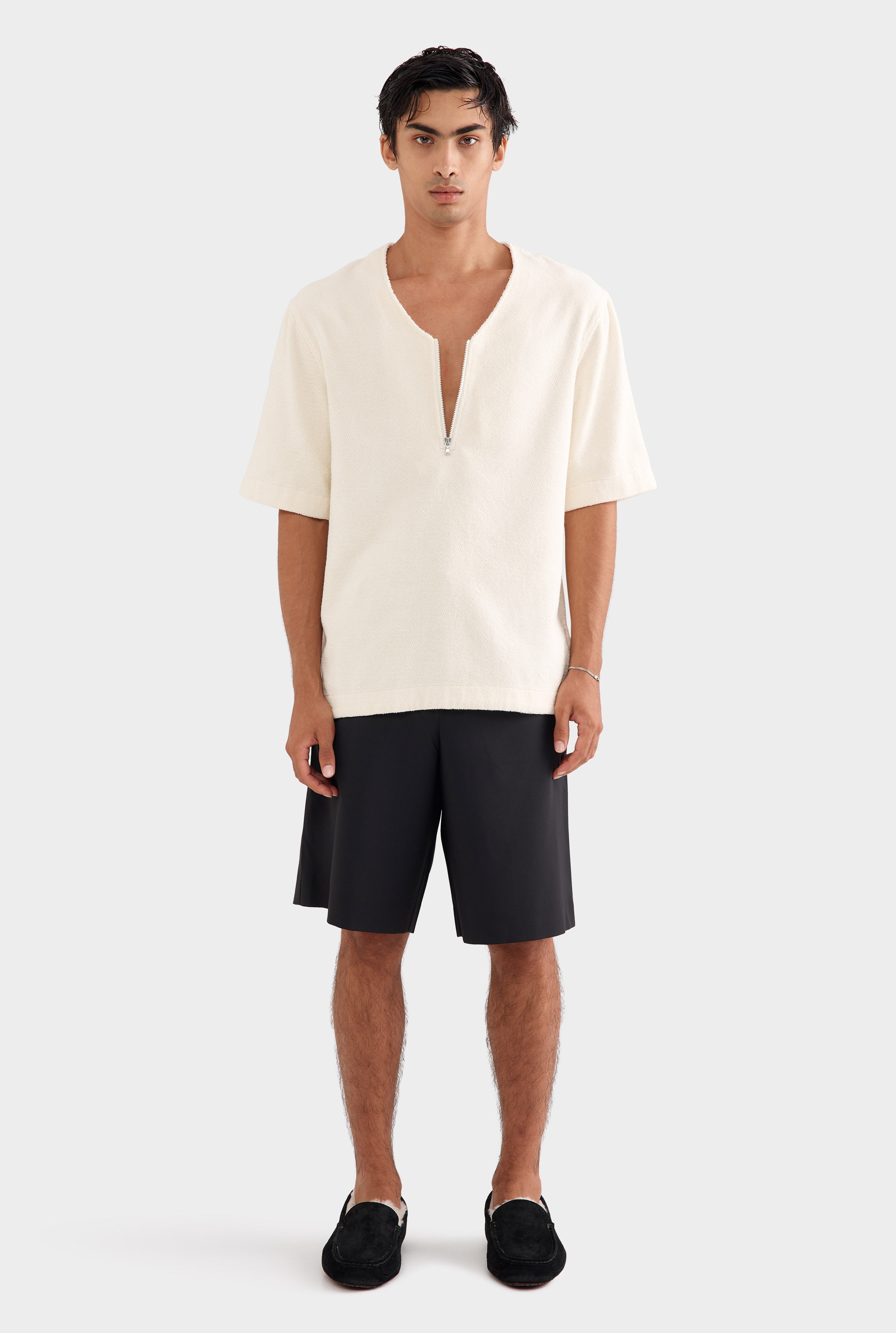 Woven Terry Relaxed Zip Up - Off White