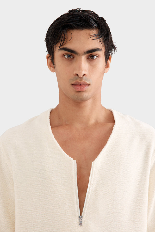 Woven Terry Relaxed Zip Up - Off White