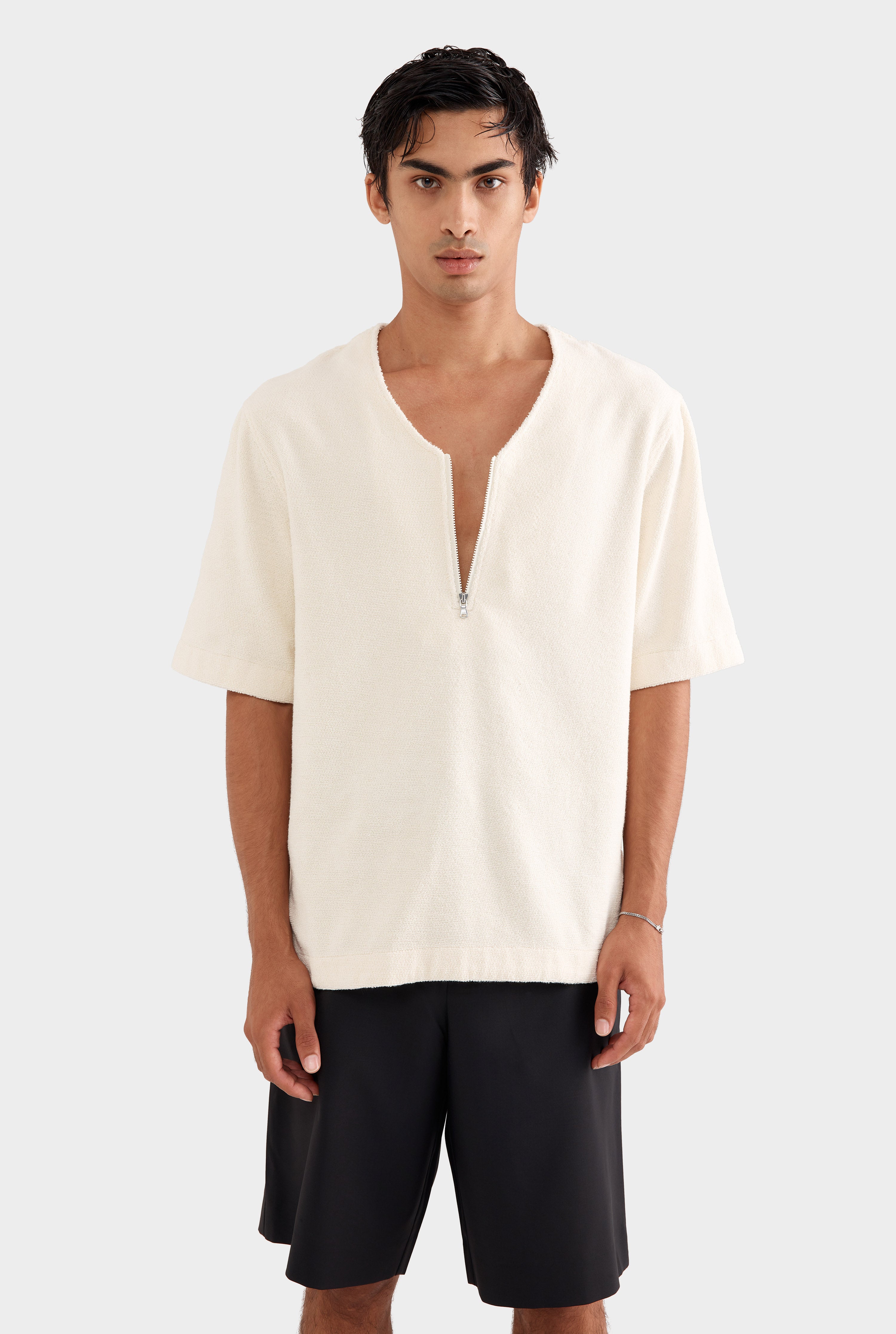 Woven Terry Relaxed Zip Up - Off White