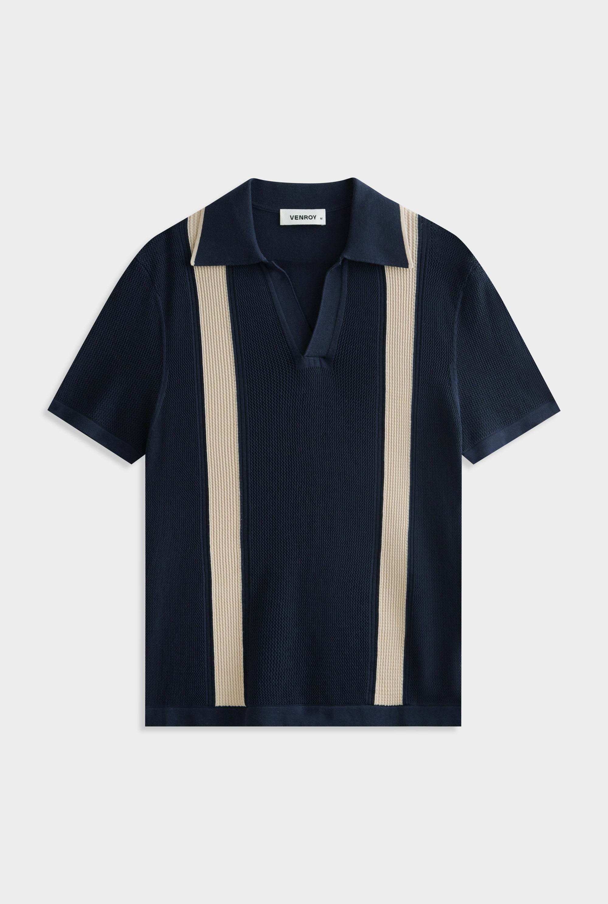 Knitted Cotton Pique Open Neck Polo -  Navy/Taupe