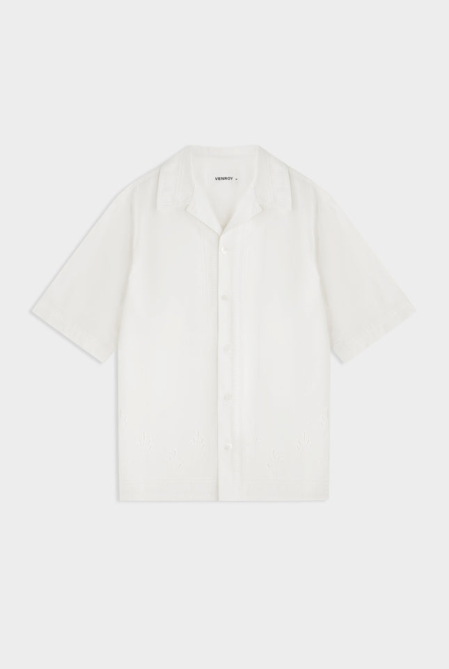 Embroidered Relaxed Cotton Camp Collar Shirt - Off White