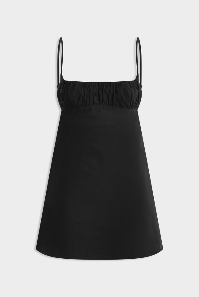 Gathered Bodice Mini Dress -  Black