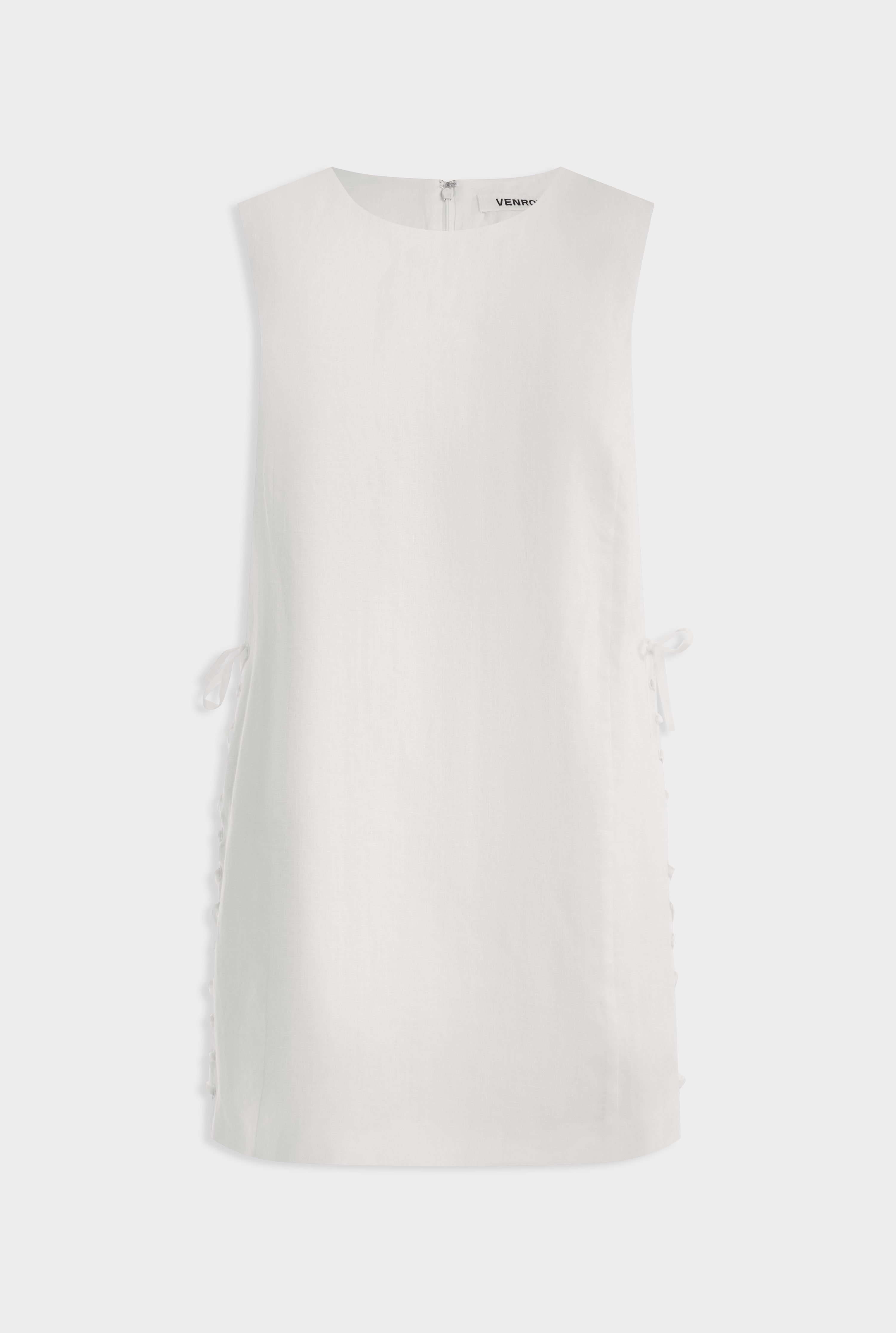 Linen Lace Up Mini Dress -  White