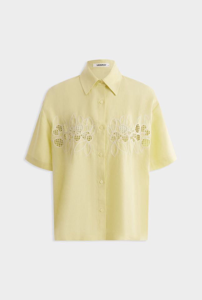 Linen Relaxed Embroidered Short Sleeve Shirt -  Lemongrass